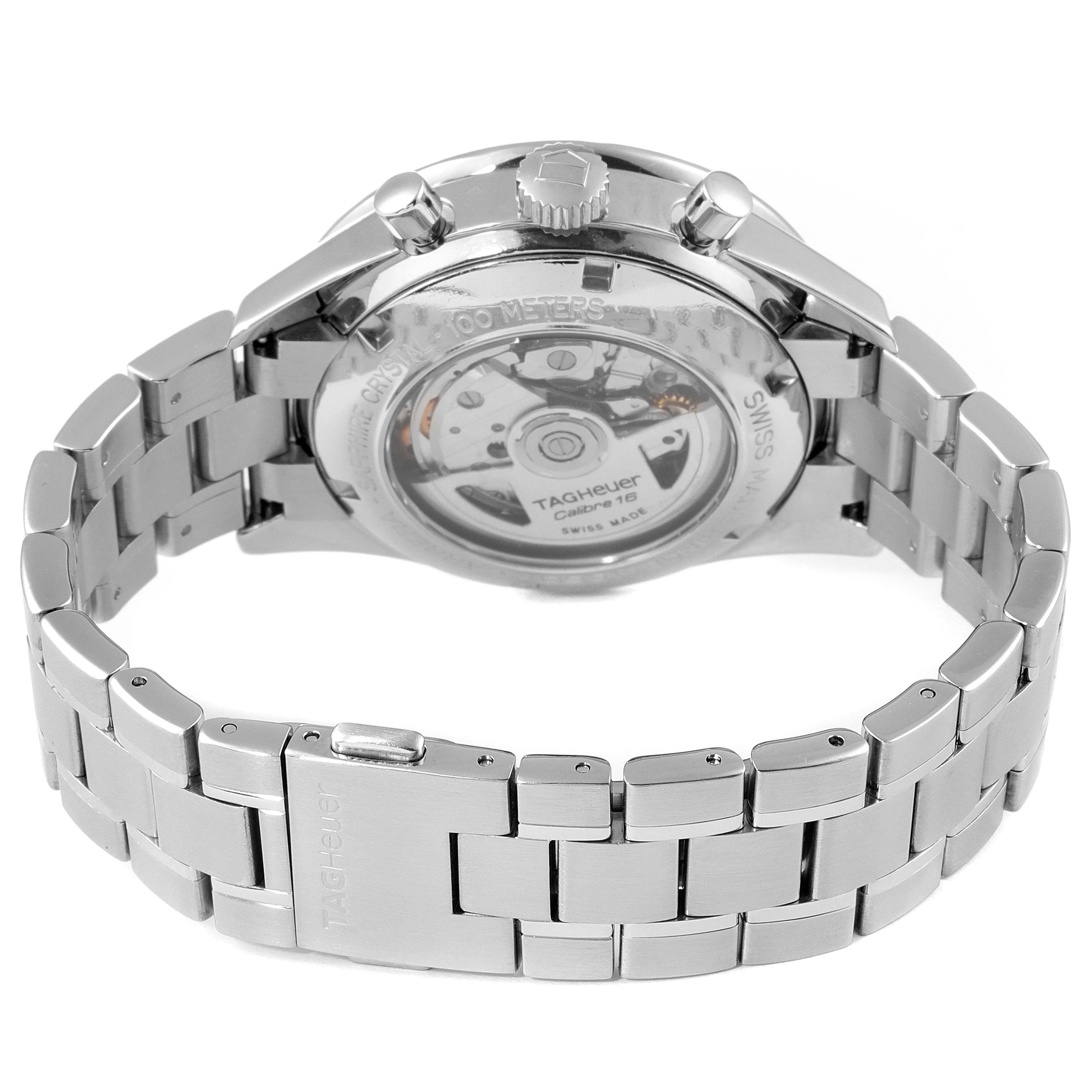 The image shows the back angle of a Tag Heuer Carrera CV2014.BA0794 Men
s Stainless Steel Black Dial CV2014.BA0794 Men
s Stainless Steel Black Dial watch, highlighting the metal bracelet and transparent case revealing the Calibre 16 movement.