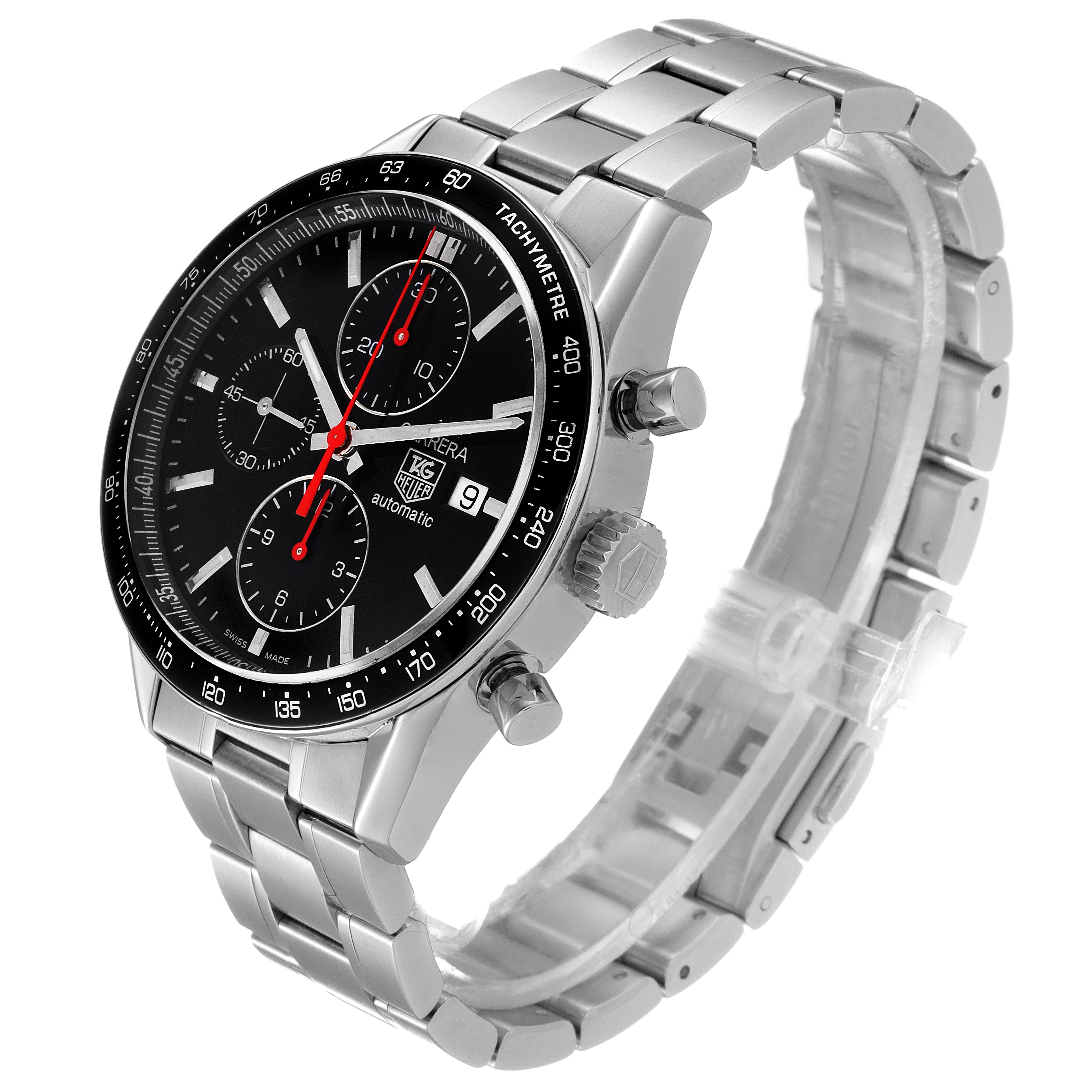 The image shows a Tag Heuer Carrera CV2014.BA0794 Men
s Stainless Steel Black Dial CV2014.BA0794 Men
s Stainless Steel Black Dial watch angled from the front-right, highlighting the face, bezel, crown, and bracelet.