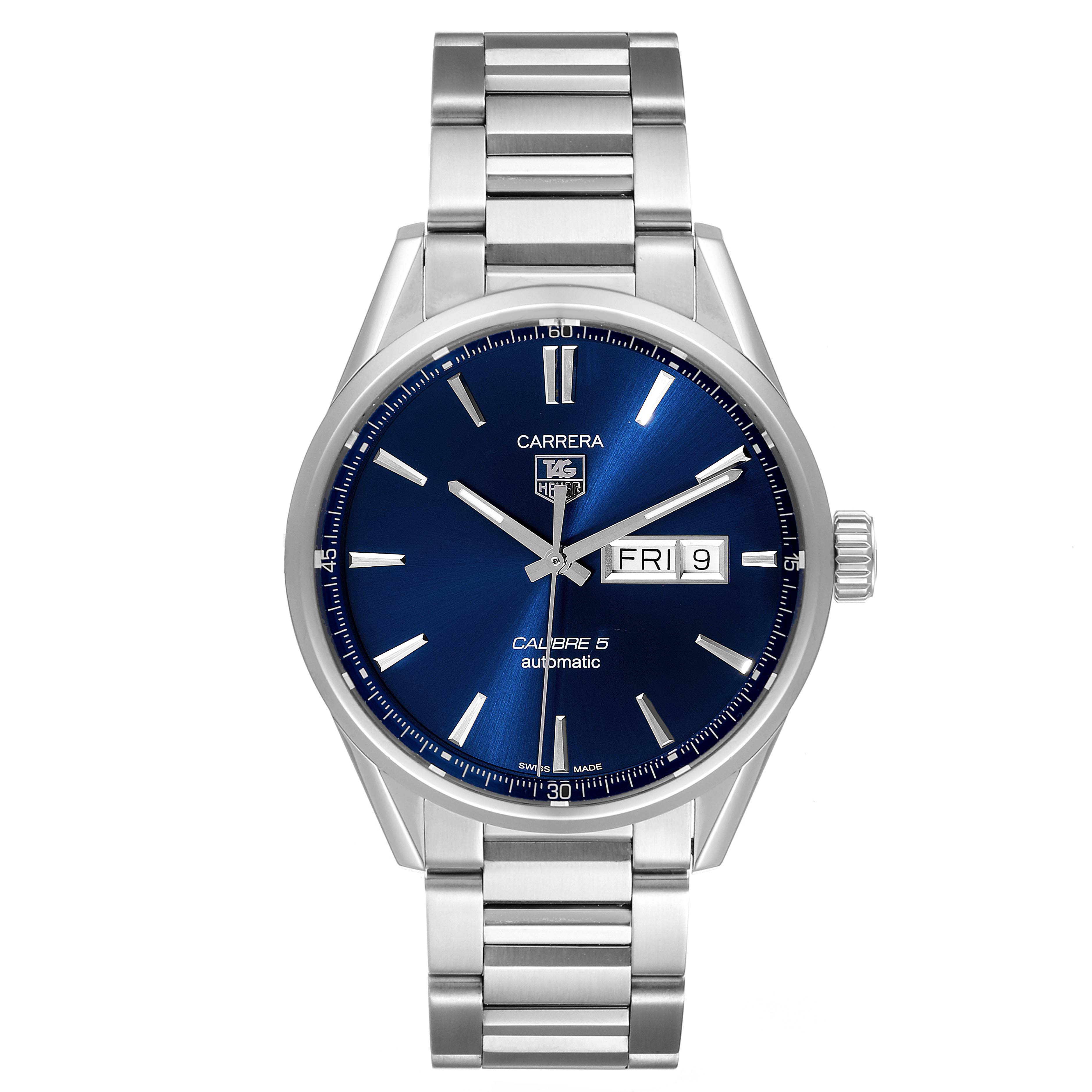 The image shows a front view of a Tag Heuer Carrera WAR201E.BA0723 Men
s Stainless Steel Blue Dial WAR201E.BA0723 Men
s Stainless Steel Blue Dial watch, highlighting its blue dial, stainless steel case, and bracelet.