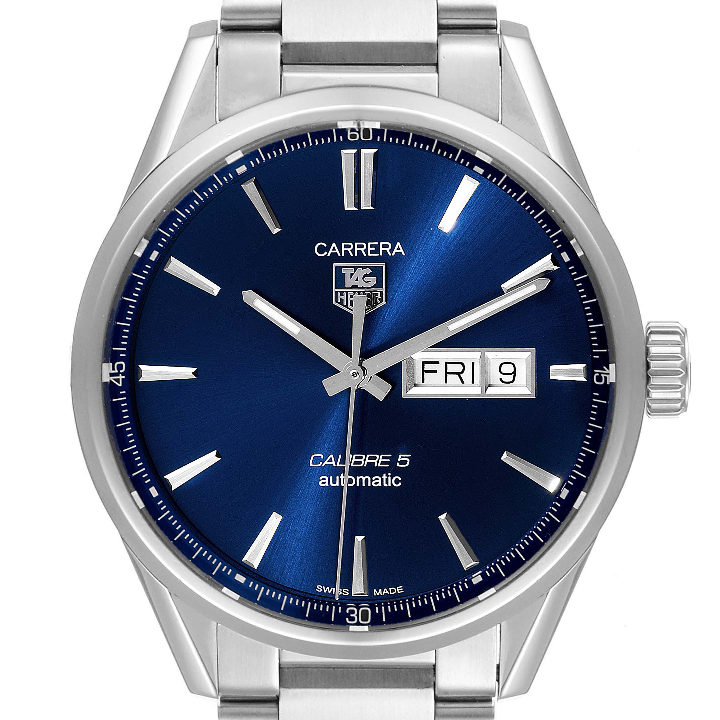 This image shows a Tag Heuer Carrera WAR201E.BA0723 Men
s Stainless Steel Blue Dial WAR201E.BA0723 Men
s Stainless Steel Blue Dial watch from a front angle, highlighting the blue dial, date display, and metal bracelet.