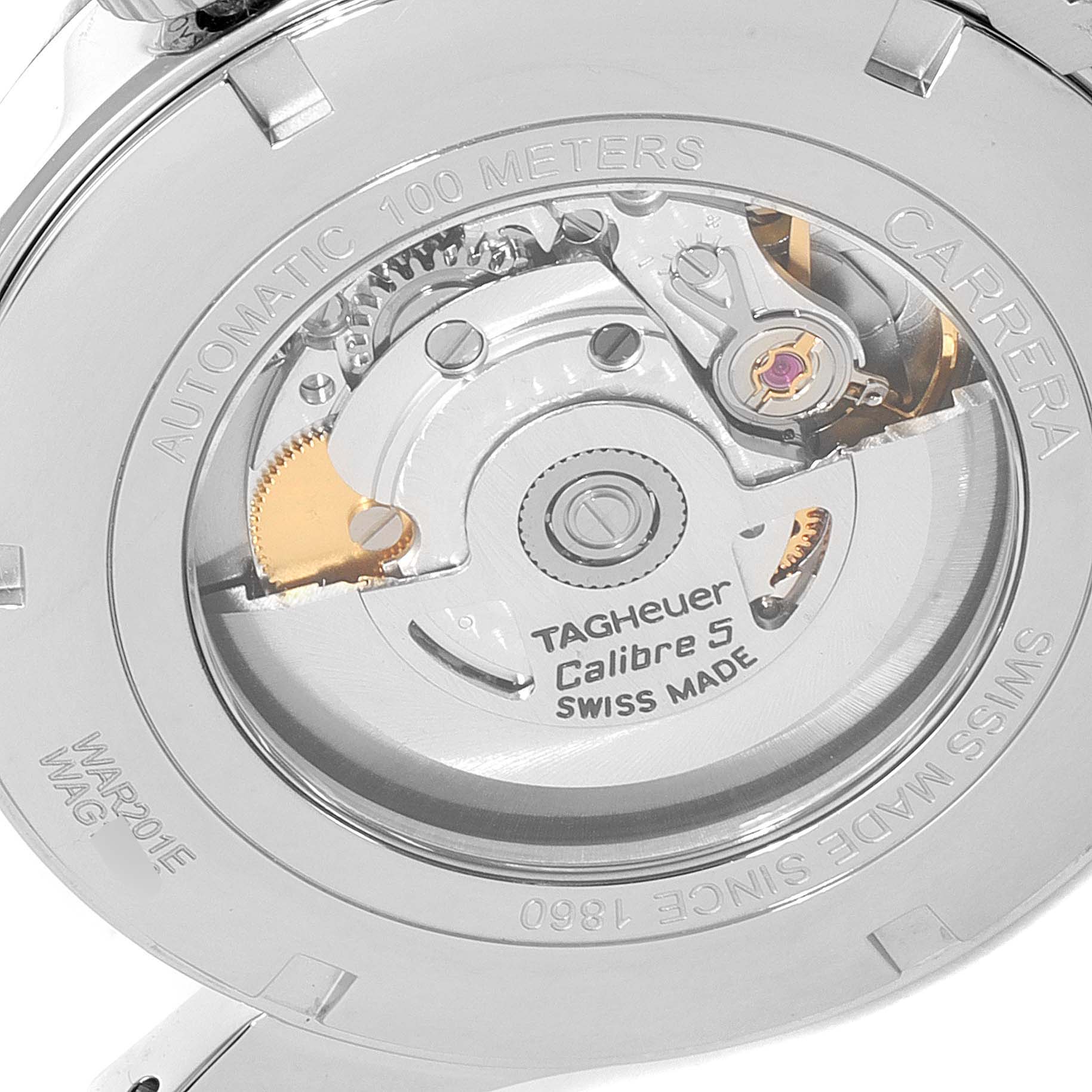The image shows the backside of a Tag Heuer Carrera WAR201E.BA0723 Men
s Stainless Steel Blue Dial WAR201E.BA0723 Men
s Stainless Steel Blue Dial watch, highlighting its Calibre 5 automatic movement.