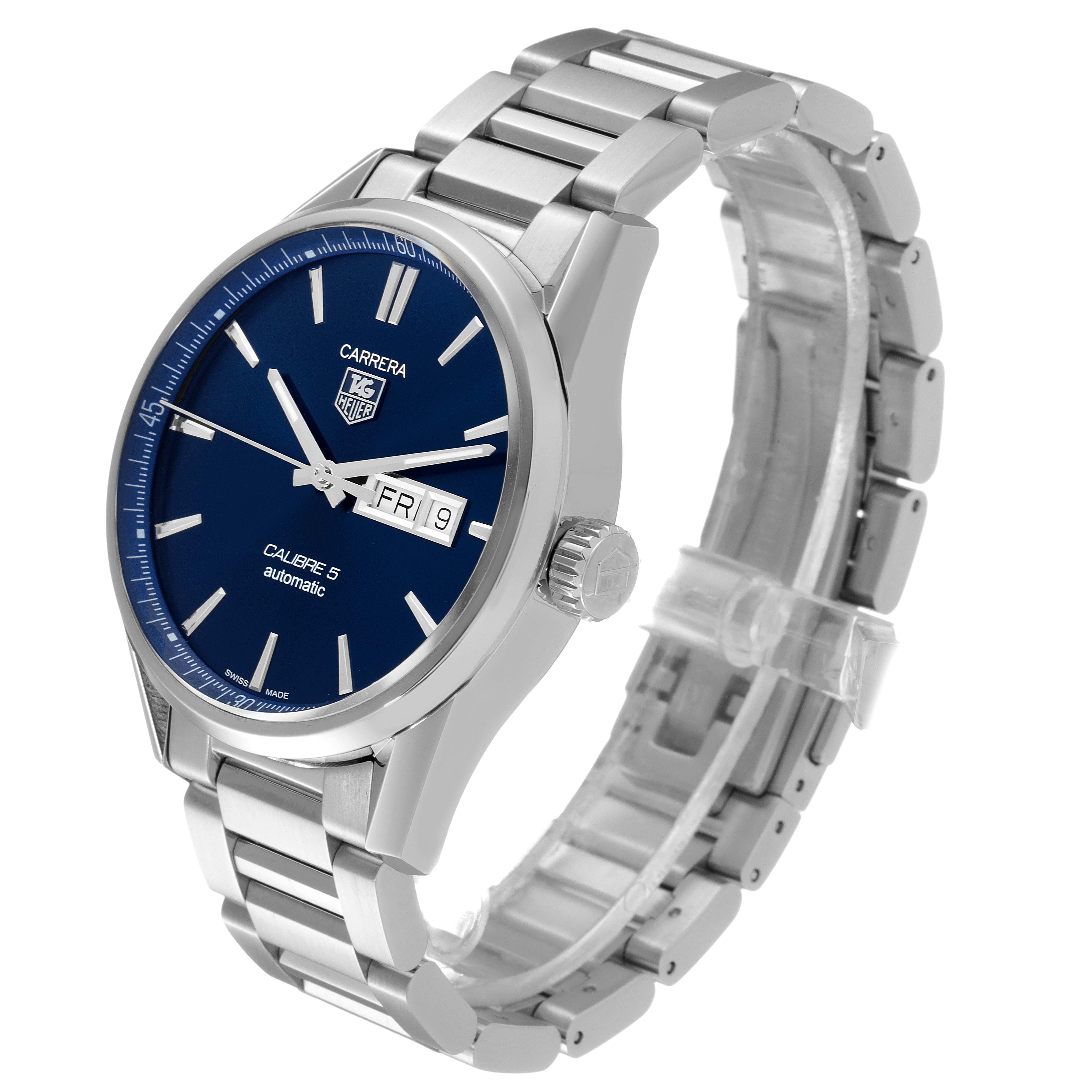 The image shows a Tag Heuer Carrera WAR201E.BA0723 Men
s Stainless Steel Blue Dial WAR201E.BA0723 Men
s Stainless Steel Blue Dial watch at a three-quarter angle, displaying the face and metal strap.