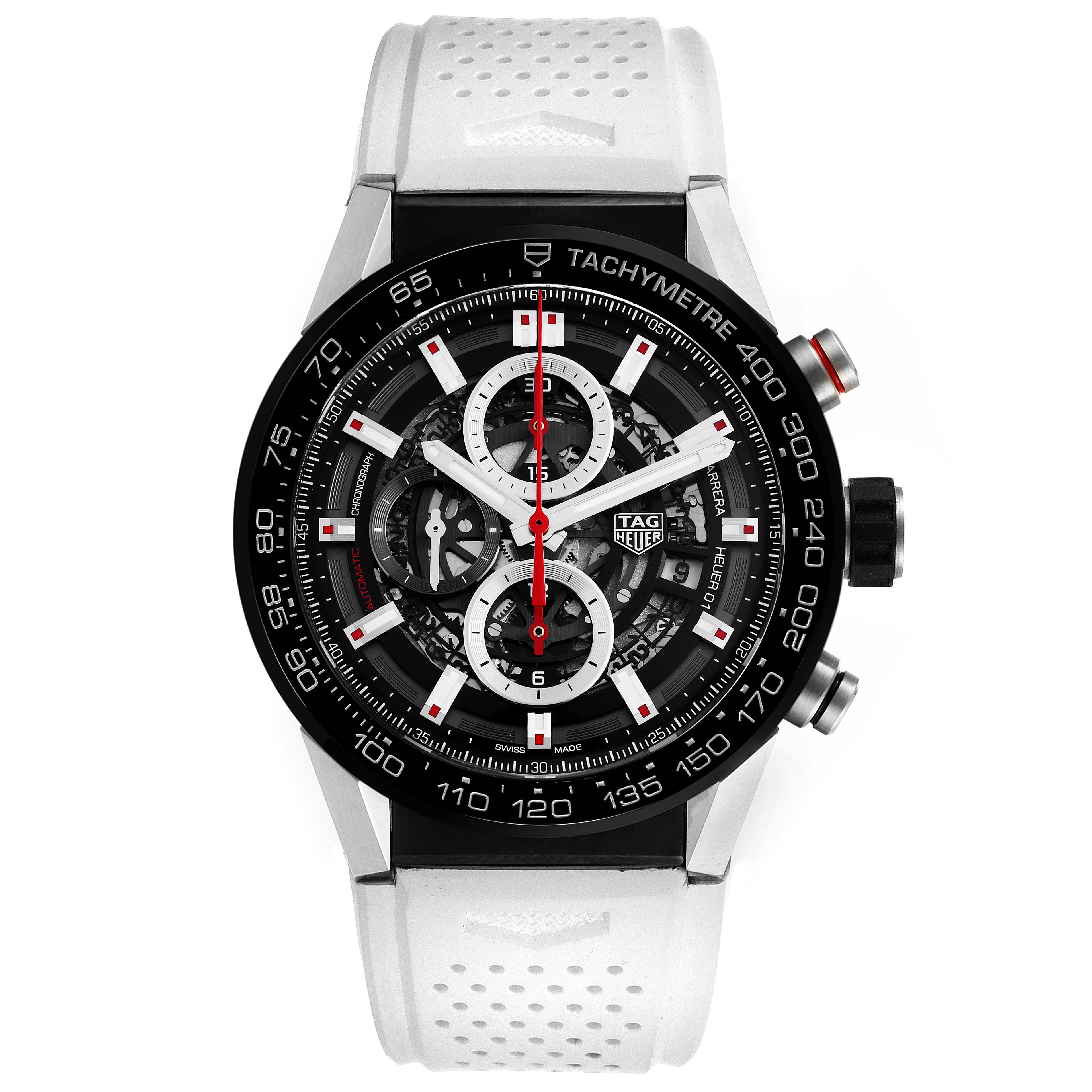 The image shows a front view of the Tag Heuer Carrera CAR2A1Z.FT6051 Men
s Stainless Steel Black Dial CAR2A1Z.FT6051 Men
s Stainless Steel Black Dial model watch with a white perforated strap.