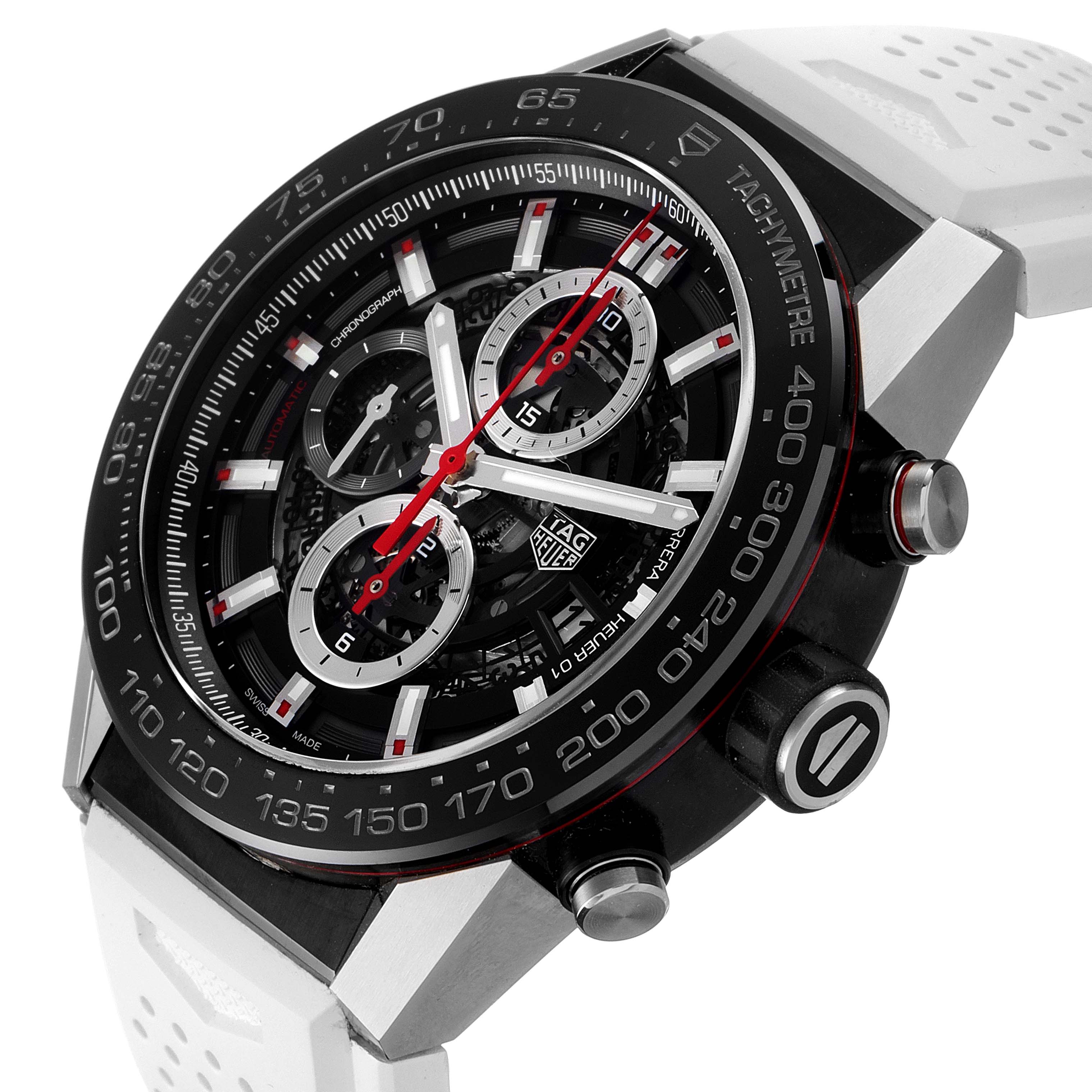 This image shows a Tag Heuer Carrera CAR2A1Z.FT6051 Men
s Stainless Steel Black Dial CAR2A1Z.FT6051 Men
s Stainless Steel Black Dial model watch from an angle highlighting the face, tachymeter scale, and pushers.