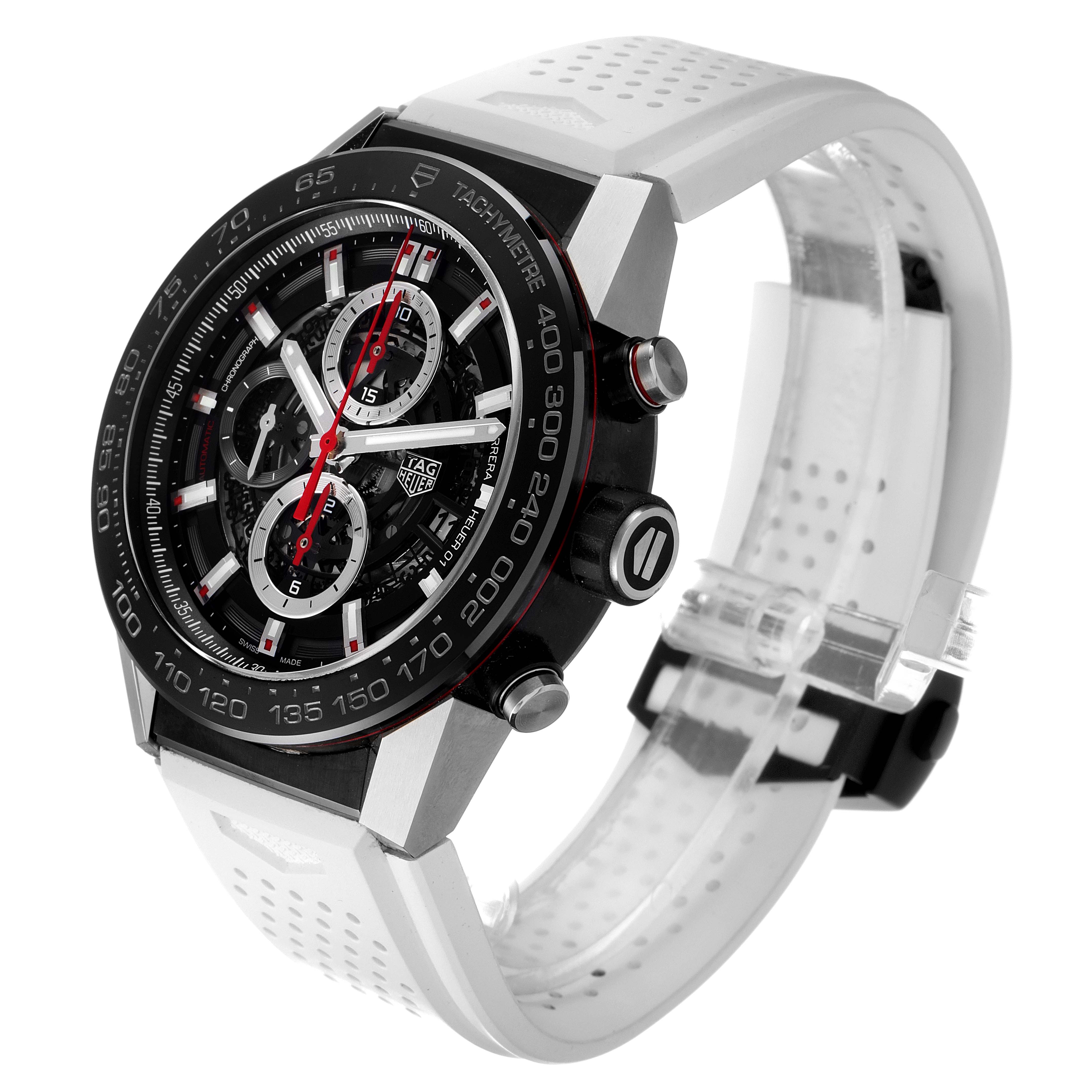 This is a side and top view of a Tag Heuer Carrera CAR2A1Z.FT6051 Men
s Stainless Steel Black Dial CAR2A1Z.FT6051 Men
s Stainless Steel Black Dial watch showing its dial, bezel, pushers, and white perforated strap.