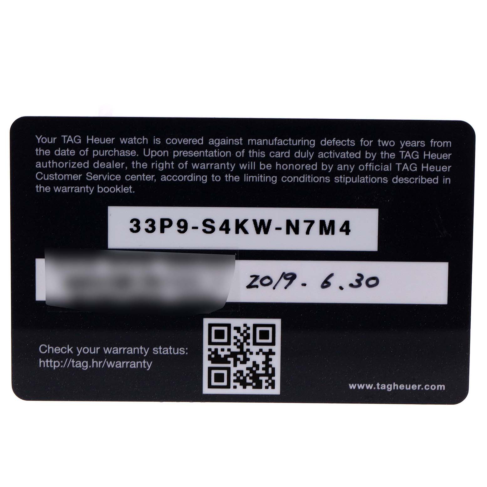 This is a Tag Heuer Carrera CAR2A1Z.FT6051 Men
s Stainless Steel Black Dial CAR2A1Z.FT6051 Men
s Stainless Steel Black Dial model warranty card shown from the top with text and a QR code.