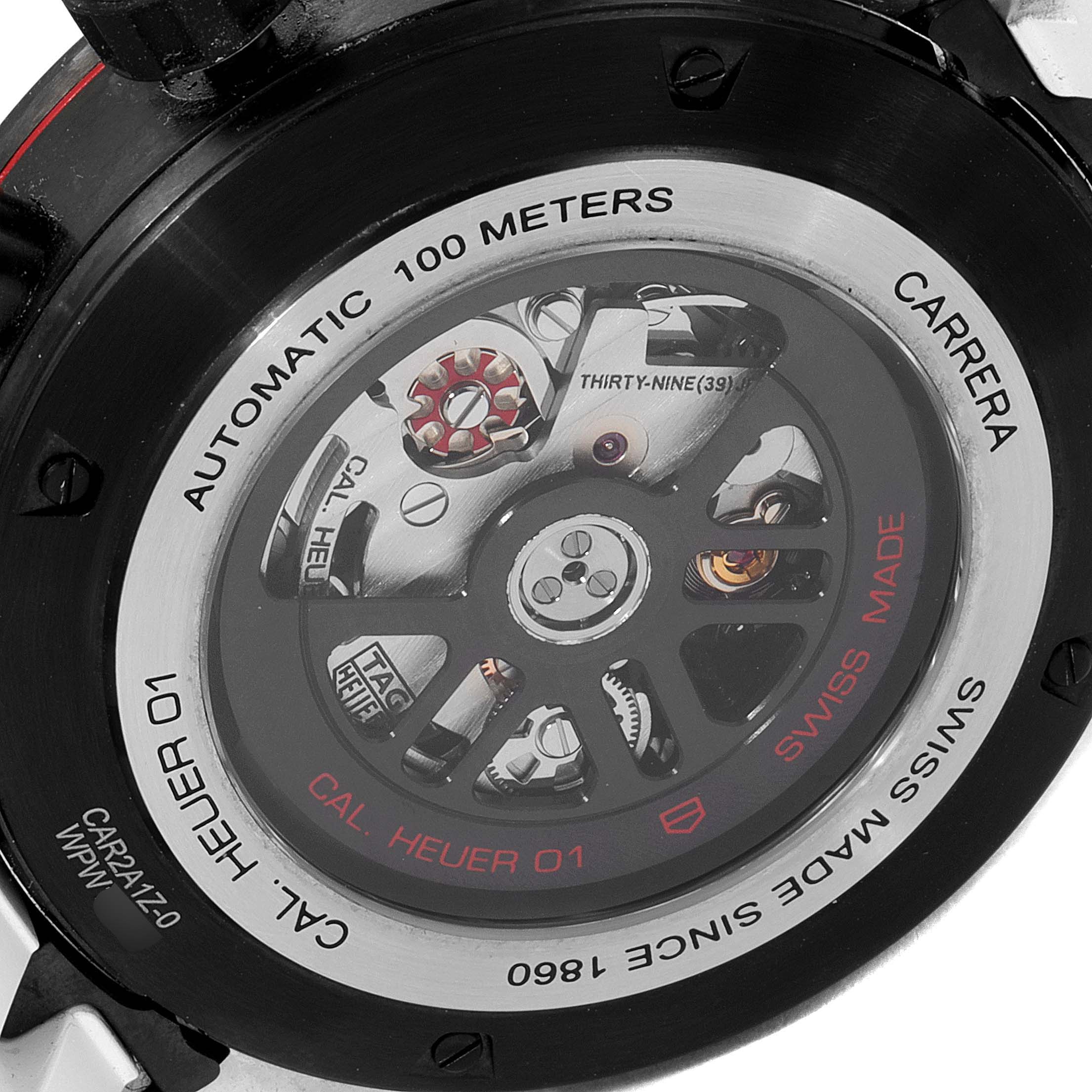 This image shows the back case of the Tag Heuer Carrera CAR2A1Z.FT6051 Men
s Stainless Steel Black Dial CAR2A1Z.FT6051 Men
s Stainless Steel Black Dial watch, highlighting its automatic movement and mechanism components.