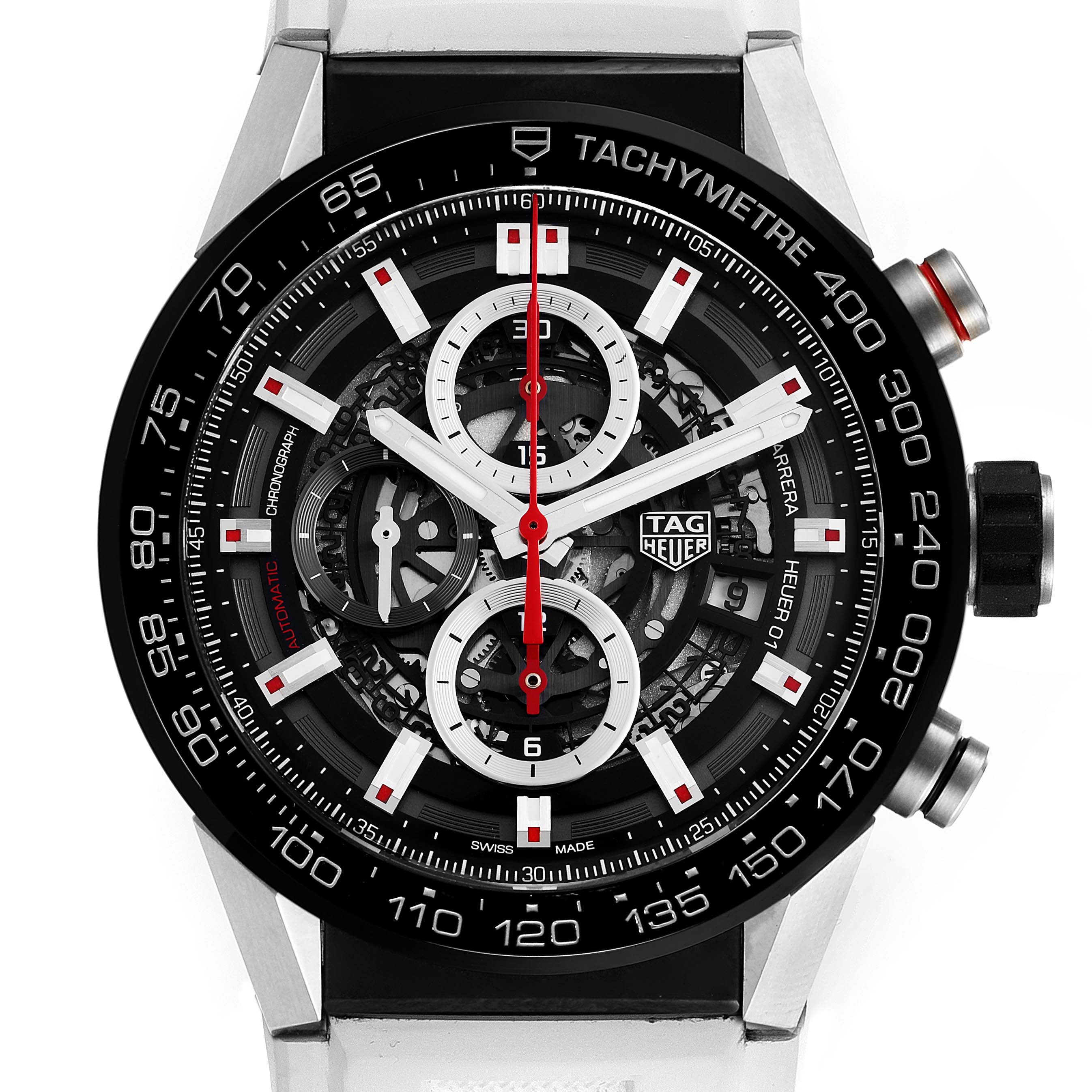The Tag Heuer Carrera CAR2A1Z.FT6051 Men
s Stainless Steel Black Dial CAR2A1Z.FT6051 Men
s Stainless Steel Black Dial watch is shown from a front angle highlighting its detailed dial, tachymeter, and chronograph features.
