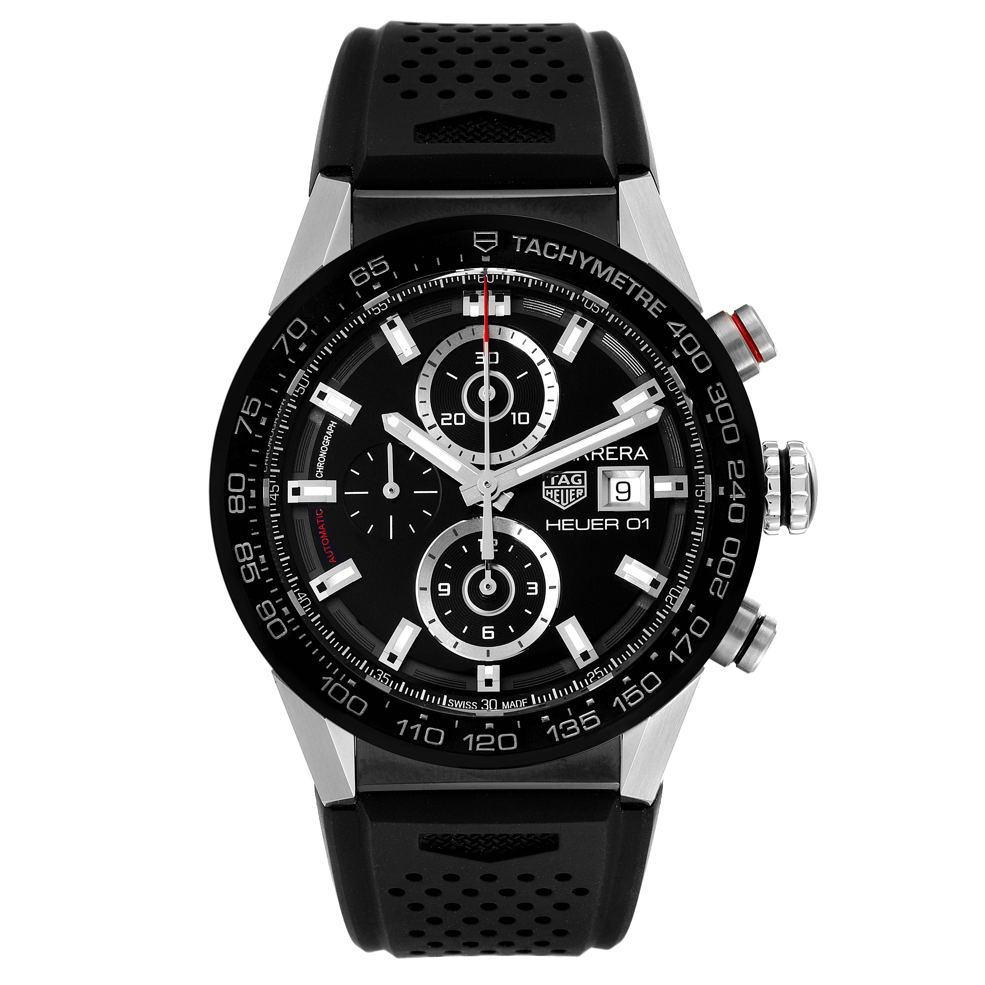 The Tag Heuer Carrera CAR201Z.BA0714 Men's Stainless Steel Black Dial CAR201Z.BA0714 Men's Stainless Steel Black Dial watch is shown from a front angle displaying its dial, bezel, and strap.