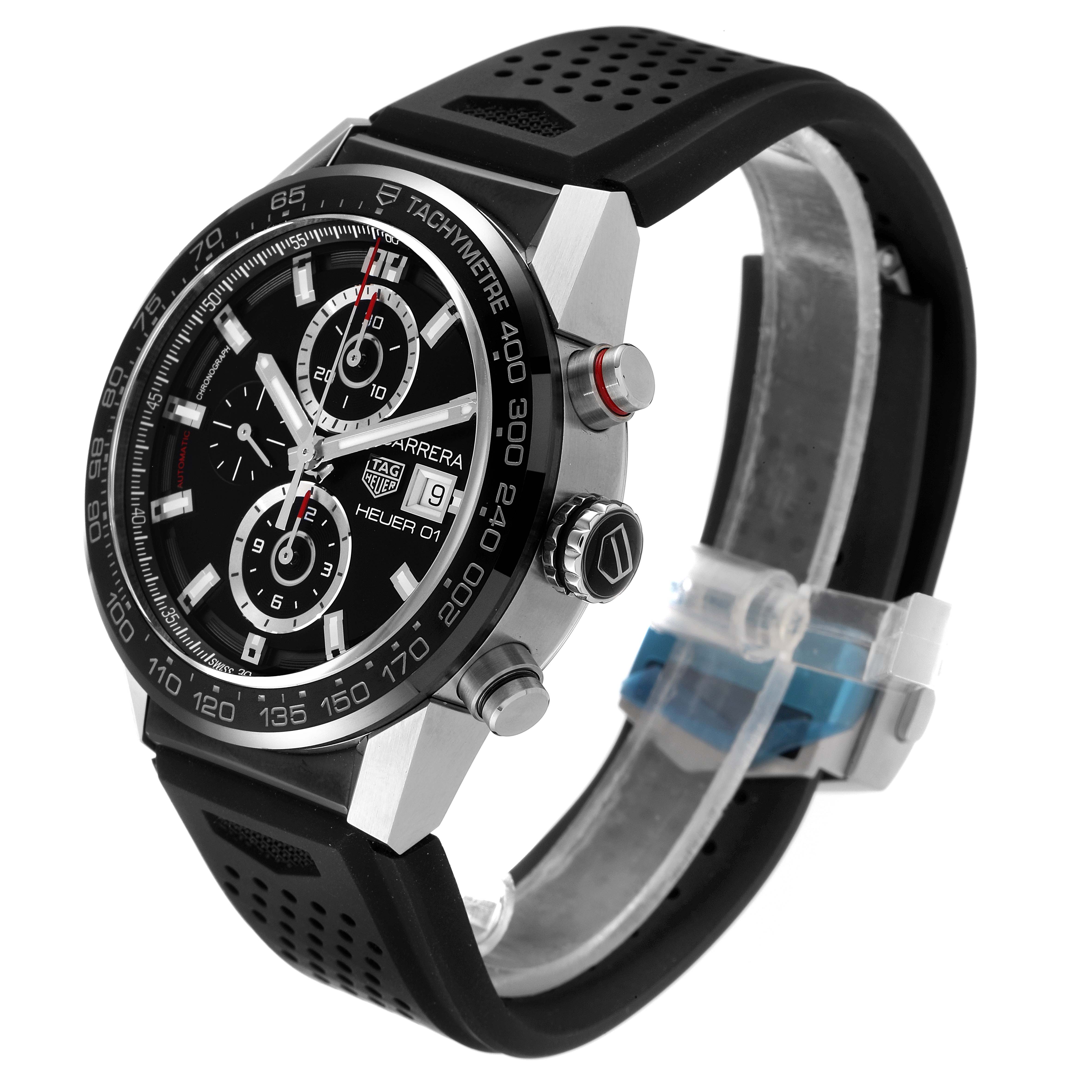 The image shows a side angle view of a Tag Heuer Carrera CAR201Z.BA0714 Men's Stainless Steel Black Dial CAR201Z.BA0714 Men's Stainless Steel Black Dial watch, highlighting the face, crown, pushers, and black strap.