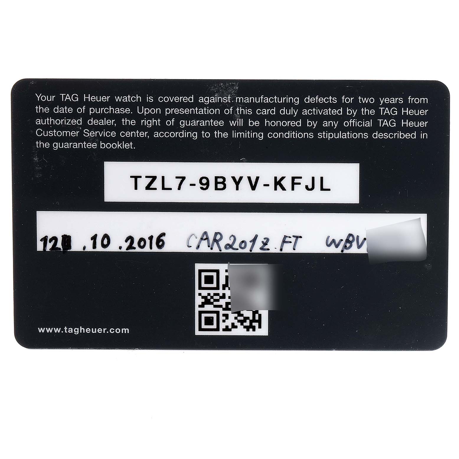 The image shows a warranty card for a Tag Heuer Carrera CAR201Z.BA0714 Men's Stainless Steel Black Dial CAR201Z.BA0714 Men's Stainless Steel Black Dial model watch.