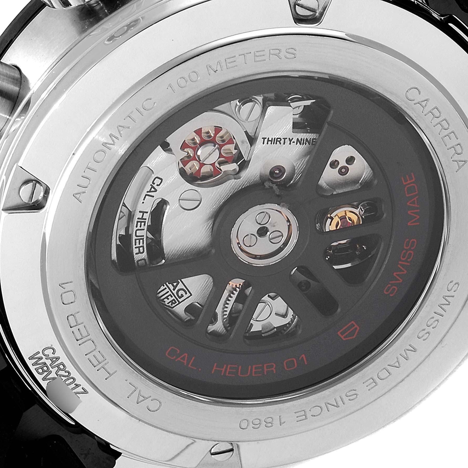 This image shows the back of the Tag Heuer Carrera CAR201Z.BA0714 Men's Stainless Steel Black Dial CAR201Z.BA0714 Men's Stainless Steel Black Dial watch, revealing its automatic movement and internal mechanisms.