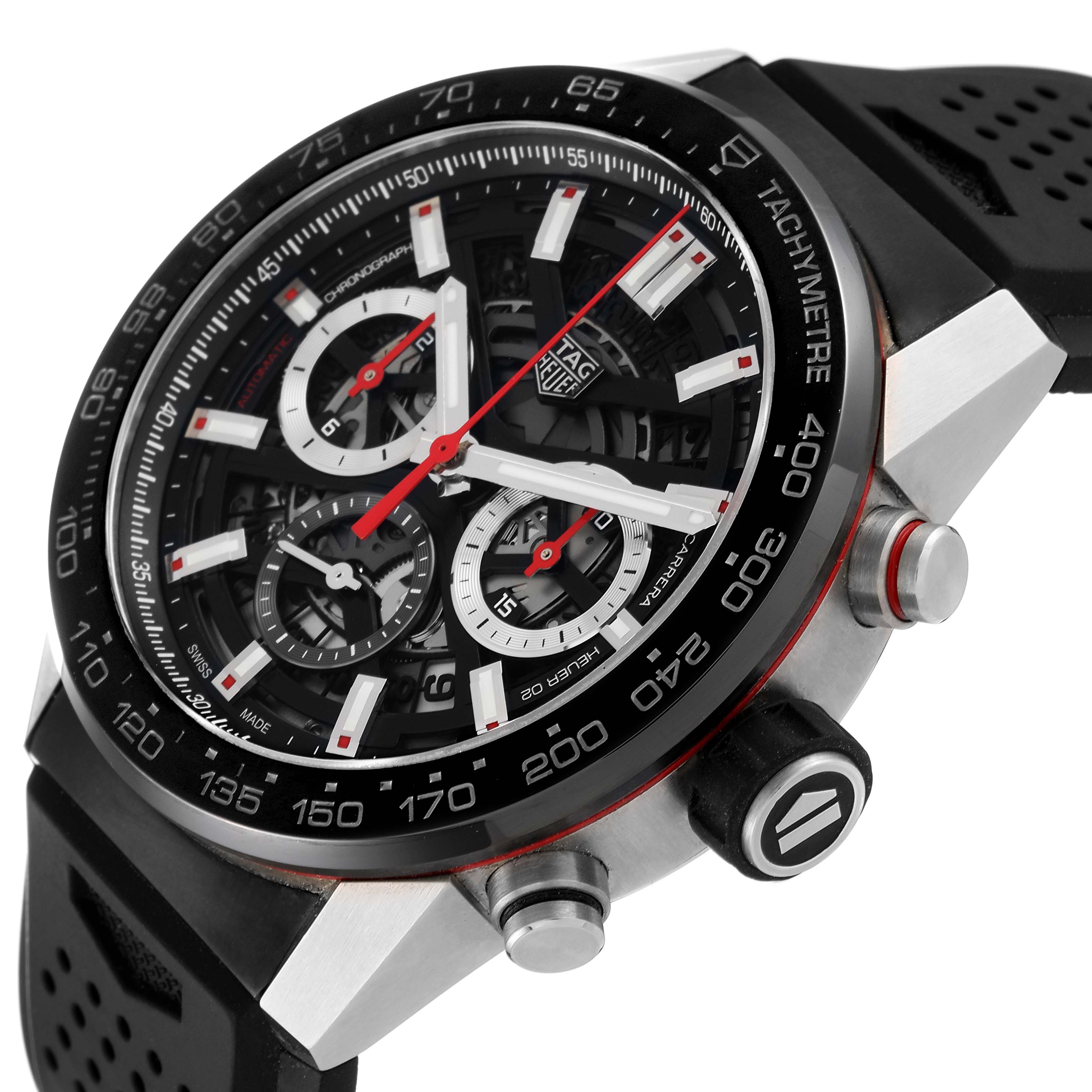 The image shows a close-up angle of the face and side of the Tag Heuer Carrera CBG2A10.BA0654 Men's Stainless Steel Black Dial CBG2A10.BA0654 Men's Stainless Steel Black Dial watch, highlighting its chronograph dials and tachymetre bezel.