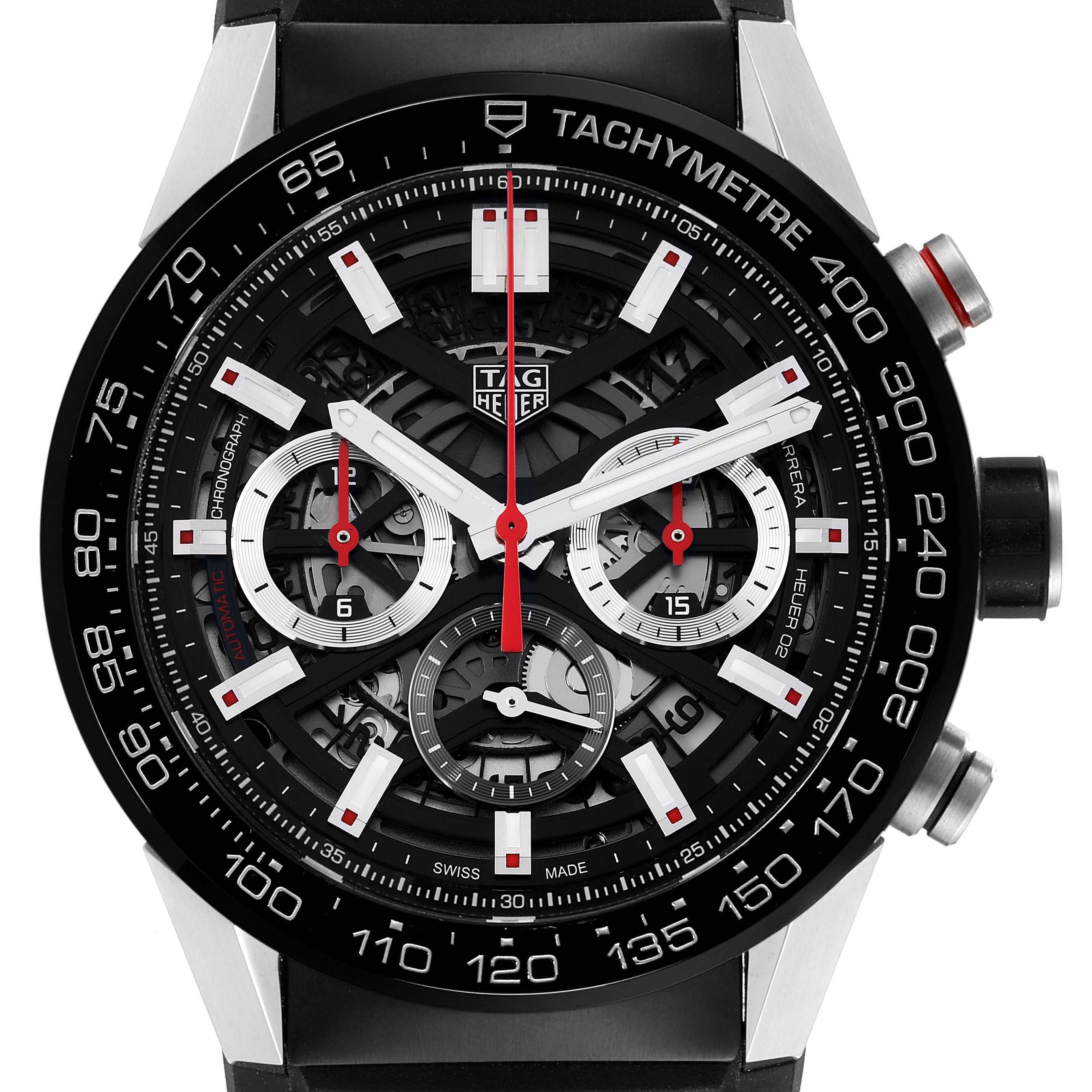 This image shows a front view of the dial of a Tag Heuer Carrera CBG2A10.BA0654 Men's Stainless Steel Black Dial CBG2A10.BA0654 Men's Stainless Steel Black Dial watch, highlighting its chronograph features and tachymeter bezel.