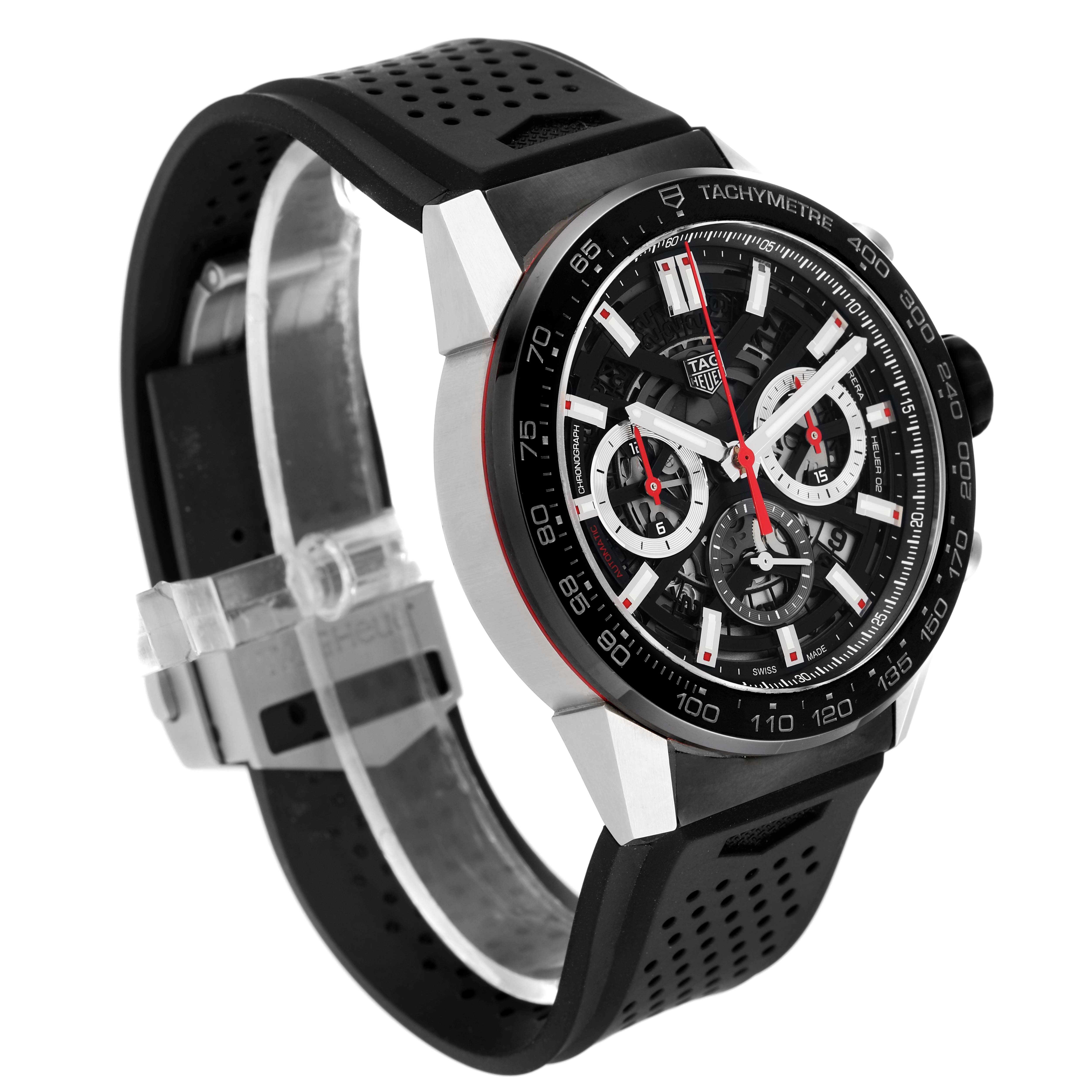 The image shows a Tag Heuer Carrera CBG2A10.BA0654 Men's Stainless Steel Black Dial CBG2A10.BA0654 Men's Stainless Steel Black Dial watch at an angle, highlighting its face, bezel, and strap.