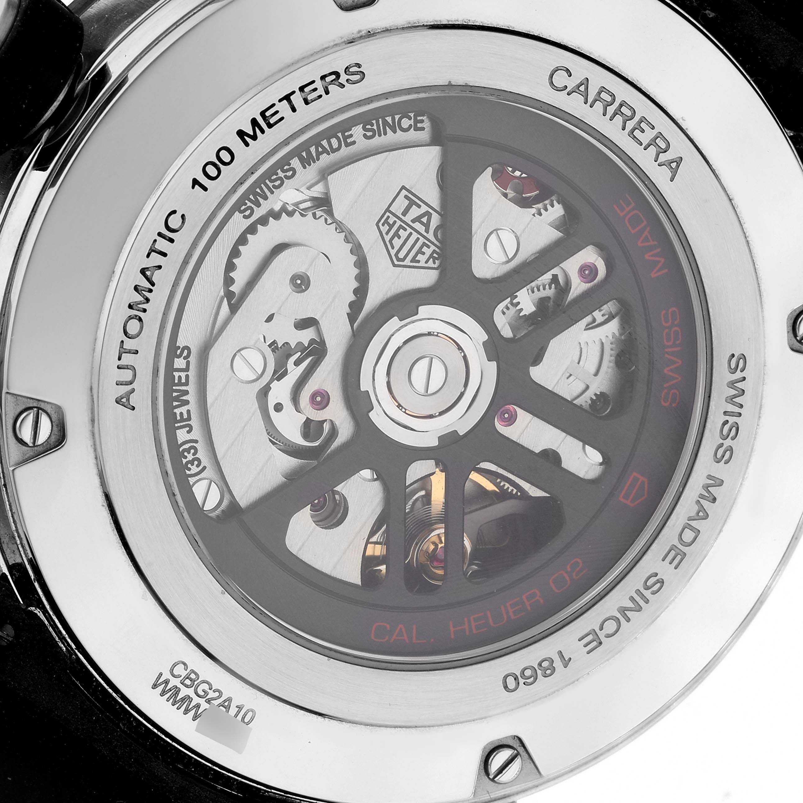 The image shows the back case of a Tag Heuer Carrera CBG2A10.BA0654 Men's Stainless Steel Black Dial CBG2A10.BA0654 Men's Stainless Steel Black Dial watch, highlighting the automatic movement and internal components.