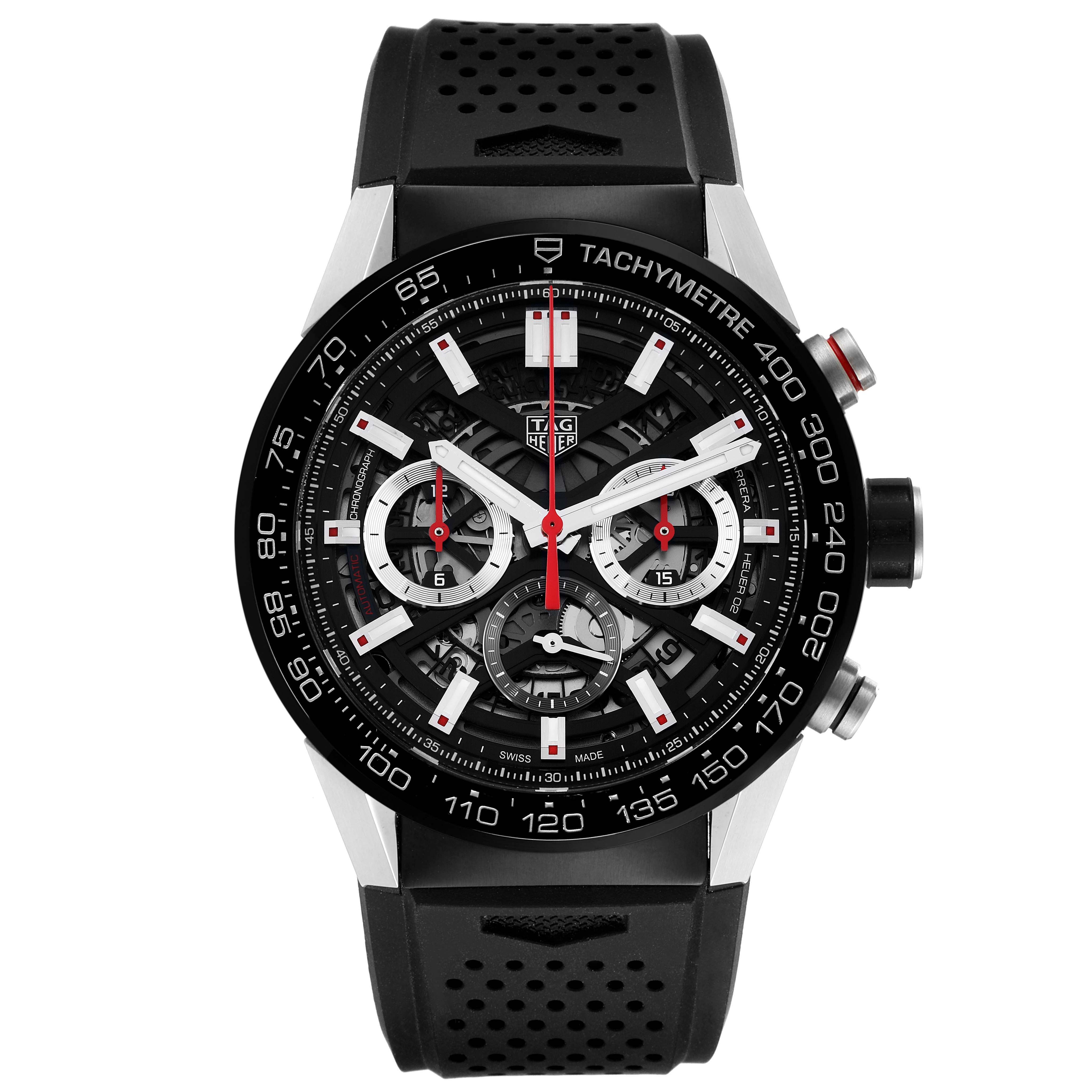 The image shows a front view of the Tag Heuer Carrera CBG2A10.BA0654 Men's Stainless Steel Black Dial CBG2A10.BA0654 Men's Stainless Steel Black Dial watch, highlighting its intricate dial and rubber strap.