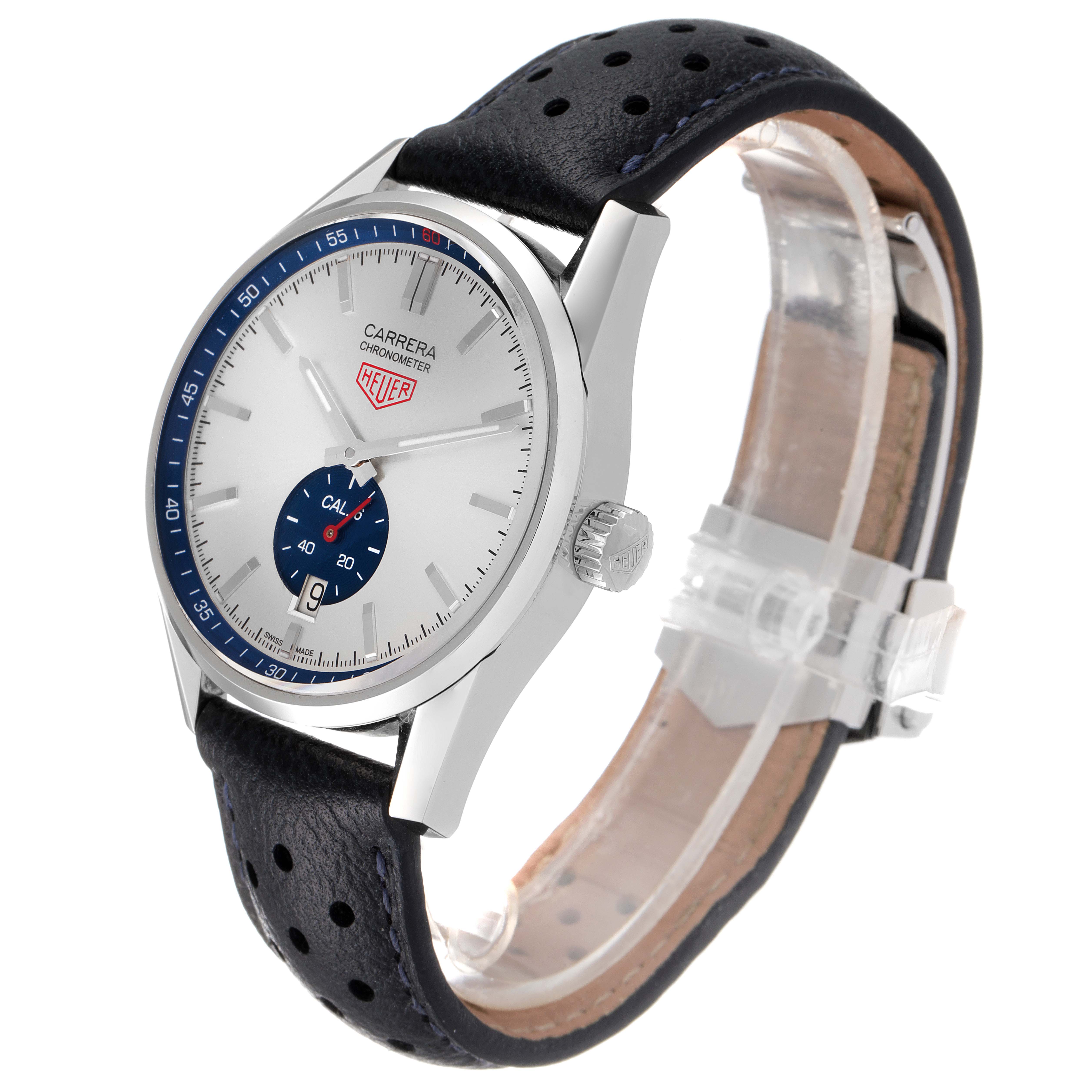 This image shows a front angled view of the Tag Heuer Carrera WV5111.FC6350 Men's Stainless Steel Silver Dial WV5111.FC6350 Men's Stainless Steel Silver Dial watch, highlighting its face, bezel, and leather strap.