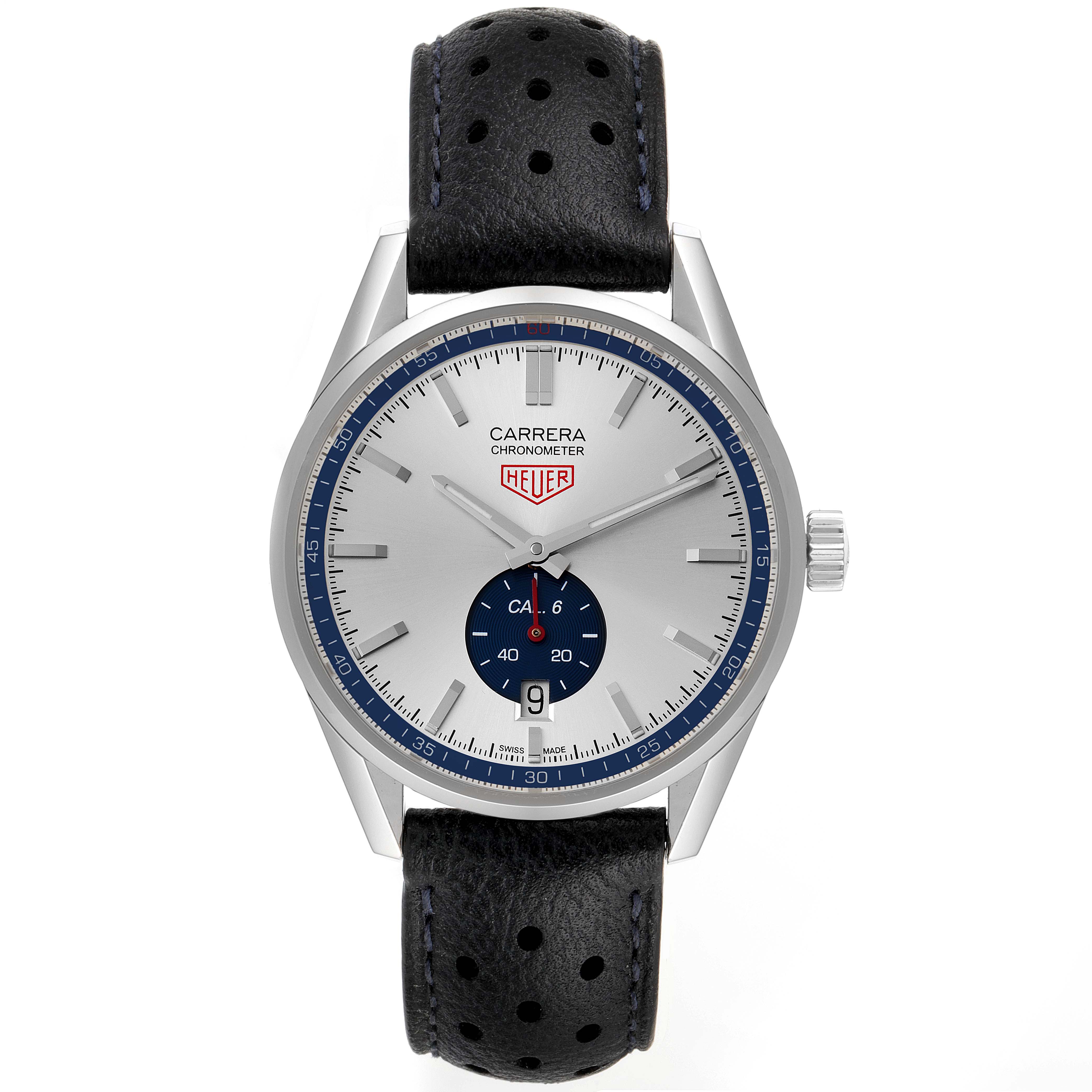 The Tag Heuer Carrera WV5111.FC6350 Men's Stainless Steel Silver Dial WV5111.FC6350 Men's Stainless Steel Silver Dial model watch is shown from a front angle, displaying the face, bezel, and perforated black leather strap.