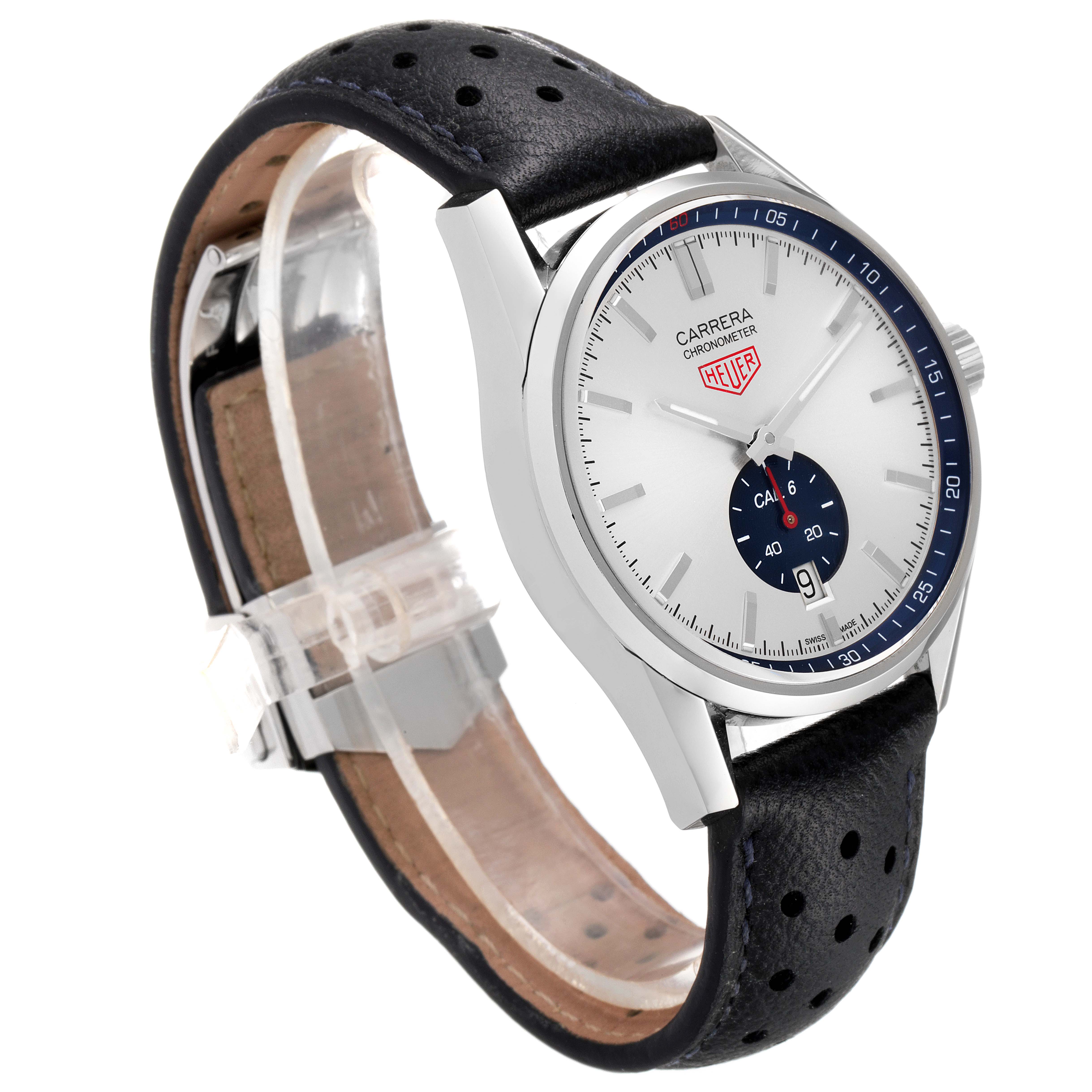 This image shows a side-view angle of a Tag Heuer Carrera WV5111.FC6350 Men's Stainless Steel Silver Dial WV5111.FC6350 Men's Stainless Steel Silver Dial watch, highlighting its white dial, black leather strap, and sleek case.