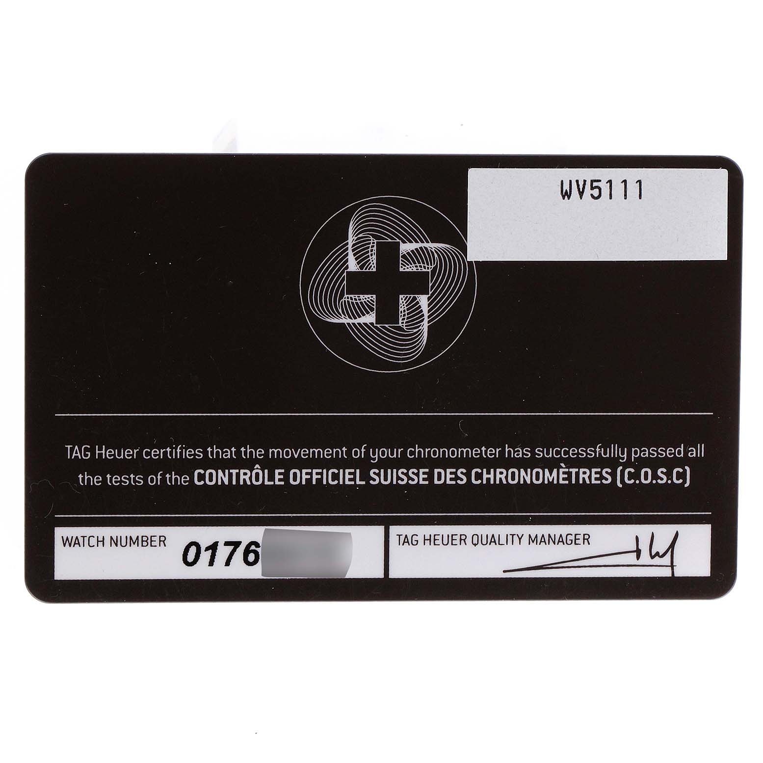 This image shows the certification card for a Tag Heuer Carrera WV5111.FC6350 Men's Stainless Steel Silver Dial WV5111.FC6350 Men's Stainless Steel Silver Dial watch, detailing the watch number and quality manager's signature.