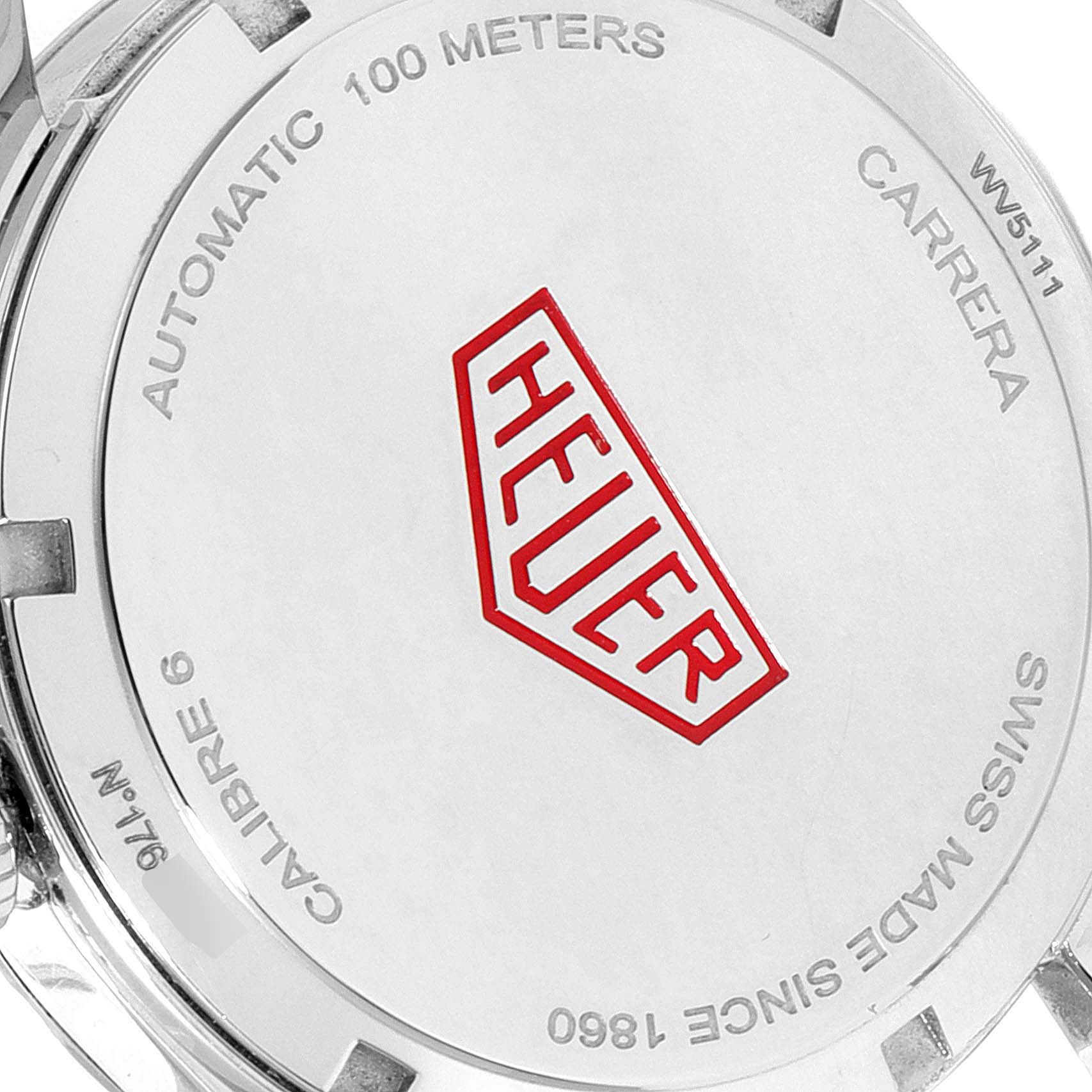 The image shows the back case of the Tag Heuer Carrera WV5111.FC6350 Men's Stainless Steel Silver Dial WV5111.FC6350 Men's Stainless Steel Silver Dial watch, highlighting the model details and branding.