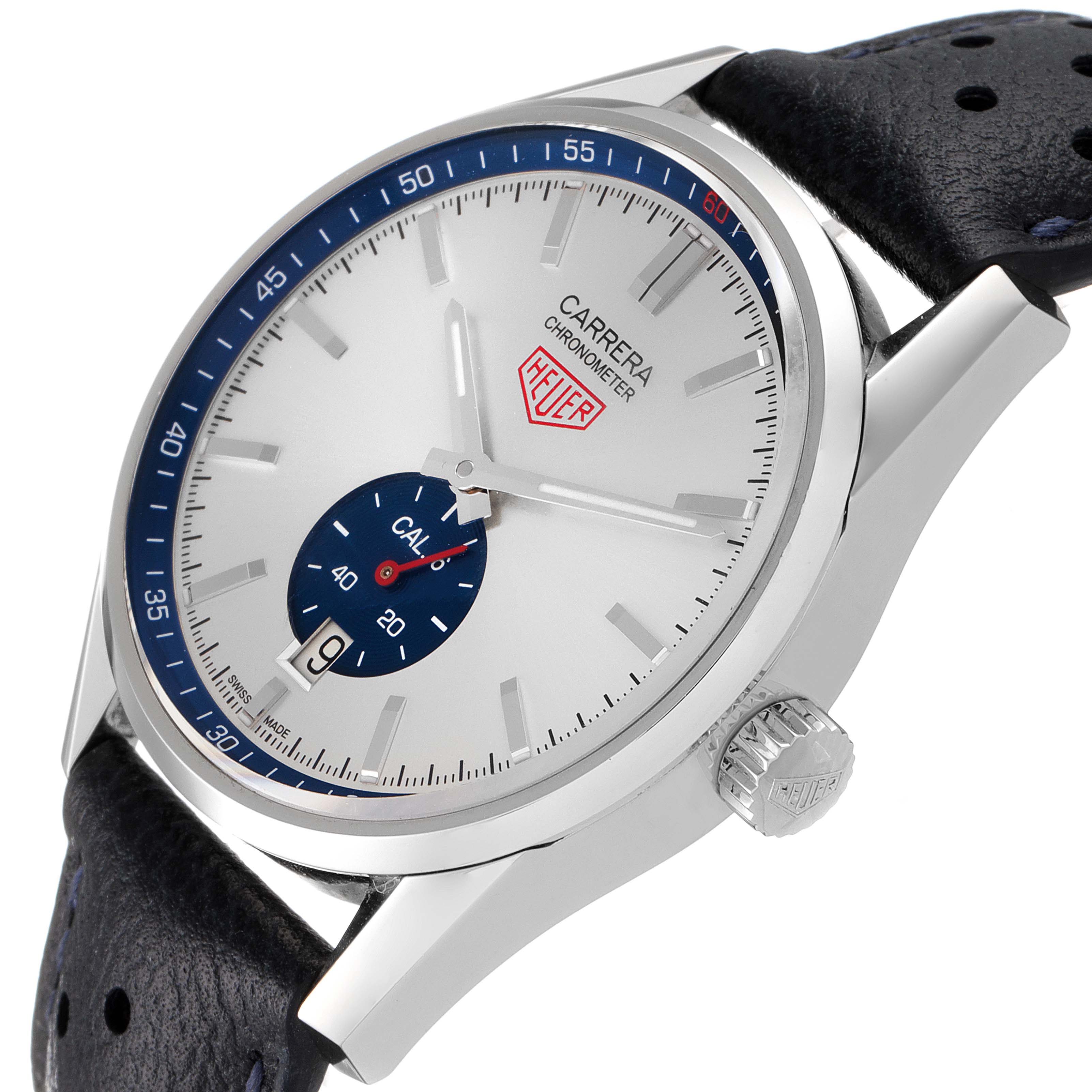 The image shows a side angle of the Tag Heuer Carrera WV5111.FC6350 Men's Stainless Steel Silver Dial WV5111.FC6350 Men's Stainless Steel Silver Dial watch, highlighting the dial, bezel, and crown.