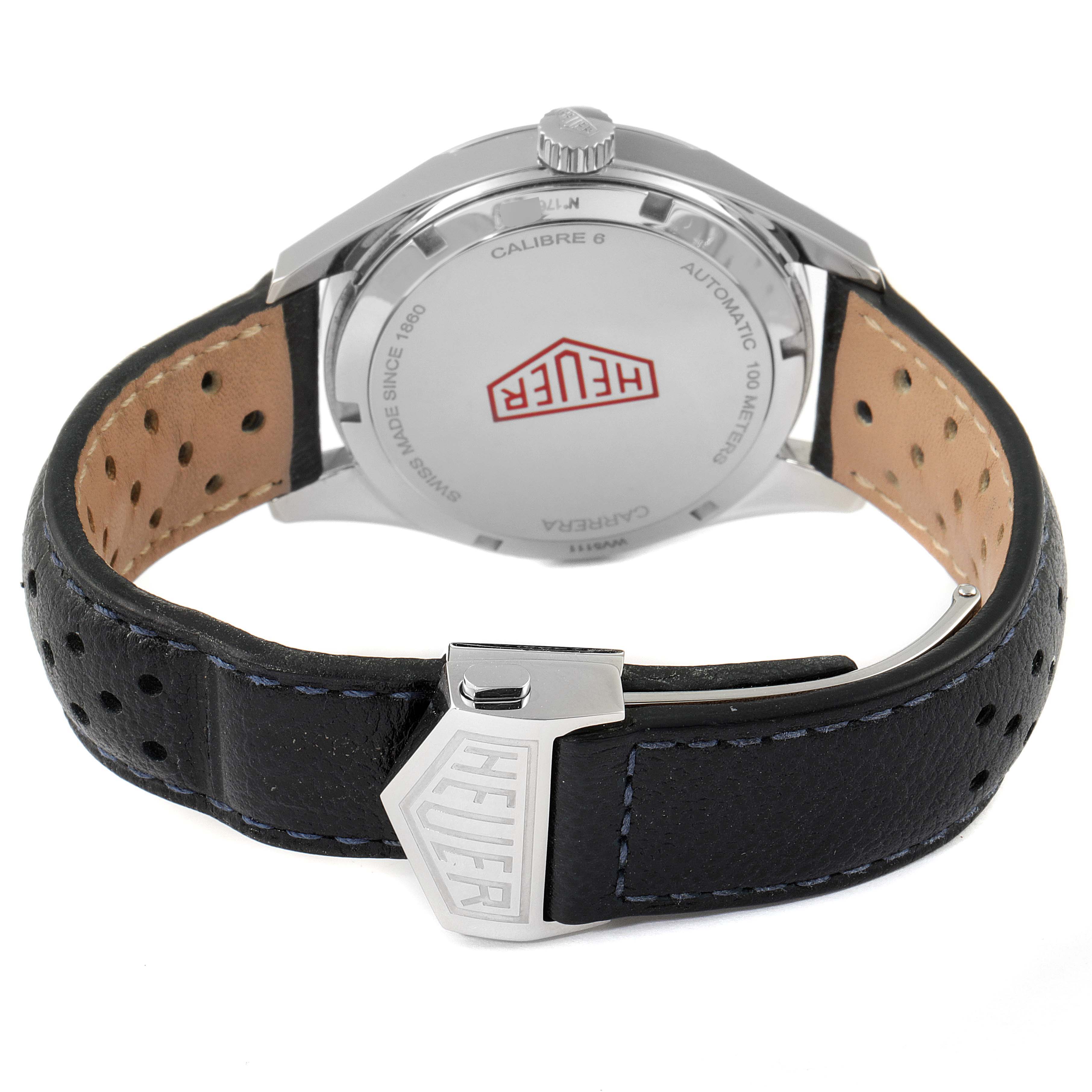 The image shows the back view of a Tag Heuer Carrera WV5111.FC6350 Men's Stainless Steel Silver Dial WV5111.FC6350 Men's Stainless Steel Silver Dial watch, highlighting the rear case, crown, and perforated leather strap with a buckle.