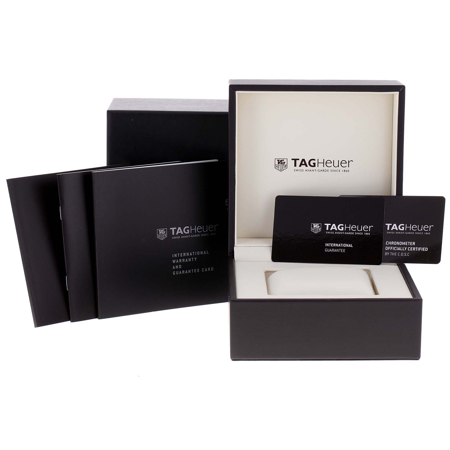 The image shows the packaging, warranty cards, and manuals for the Tag Heuer Carrera WV5111.FC6350 Men's Stainless Steel Silver Dial WV5111.FC6350 Men's Stainless Steel Silver Dial watch model.