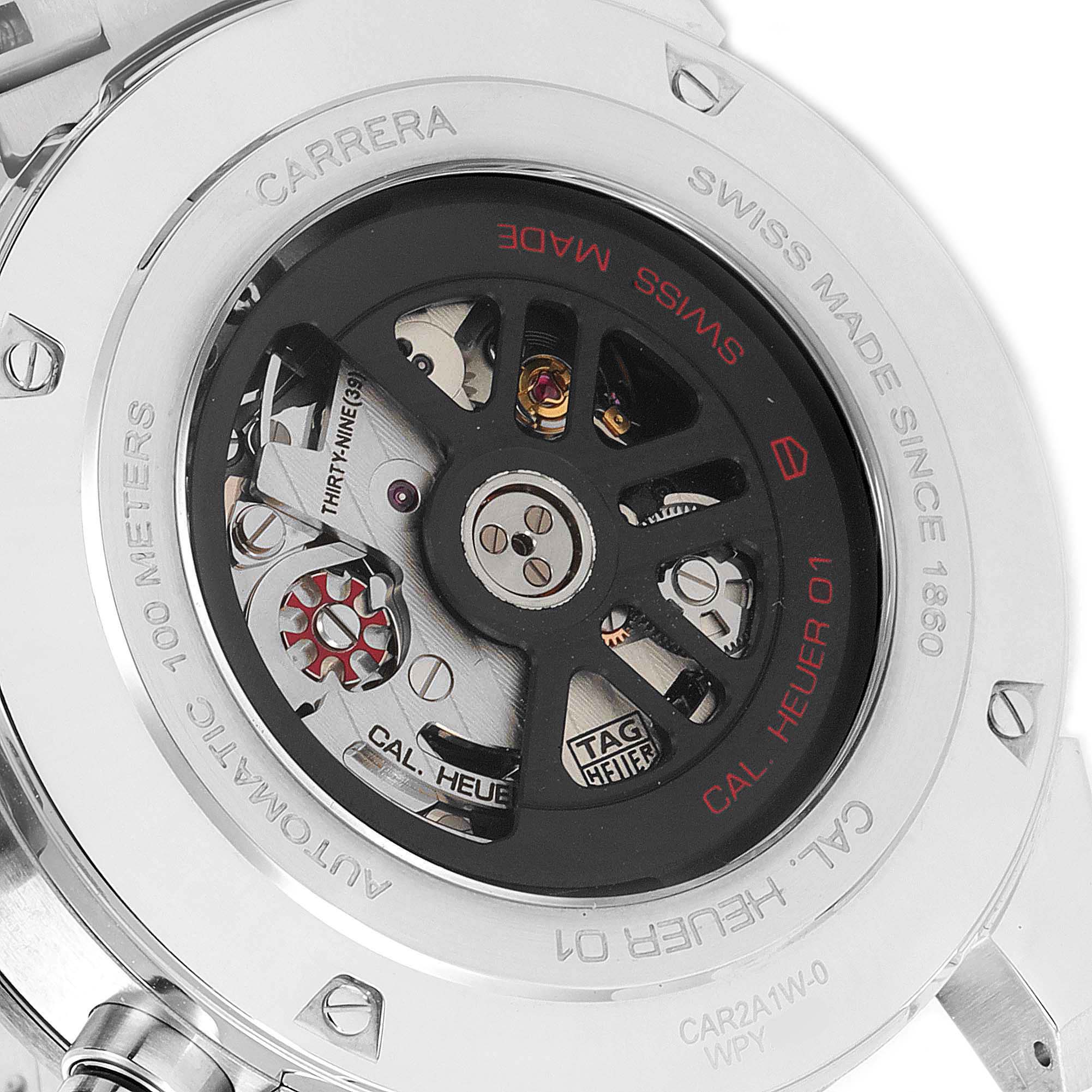 The image shows the back view of a Tag Heuer Carrera CAR2A1W.BA0703 Men's Stainless Steel Transparent Dial CAR2A1W.BA0703 Men's Stainless Steel Transparent Dial watch, highlighting its automatic movement and rotor mechanism.