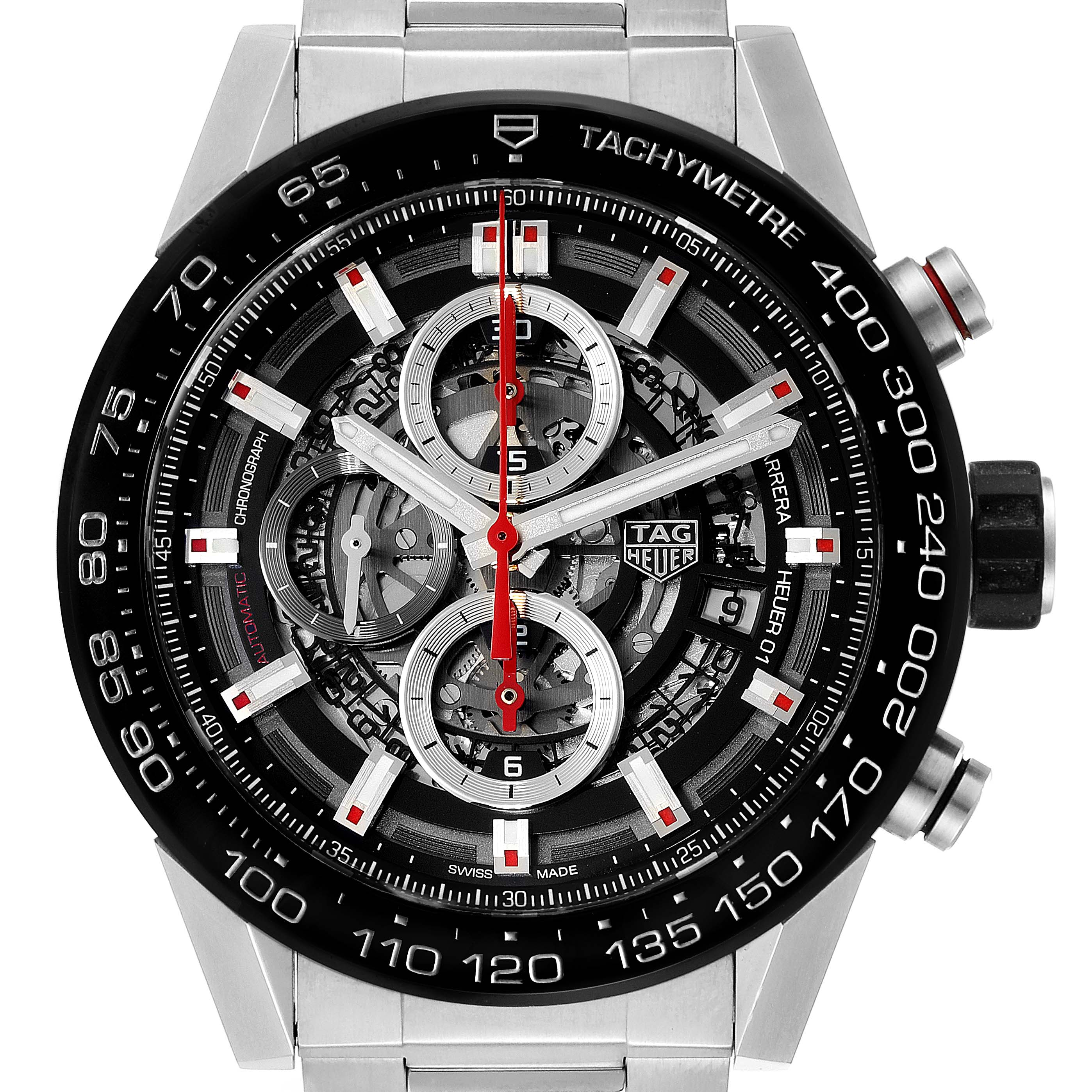 The image shows a frontal view of a Tag Heuer Carrera CAR2A1W.BA0703 Men's Stainless Steel Transparent Dial CAR2A1W.BA0703 Men's Stainless Steel Transparent Dial watch, displaying the detailed dial, chronograph, tachymeter, and brand logo.