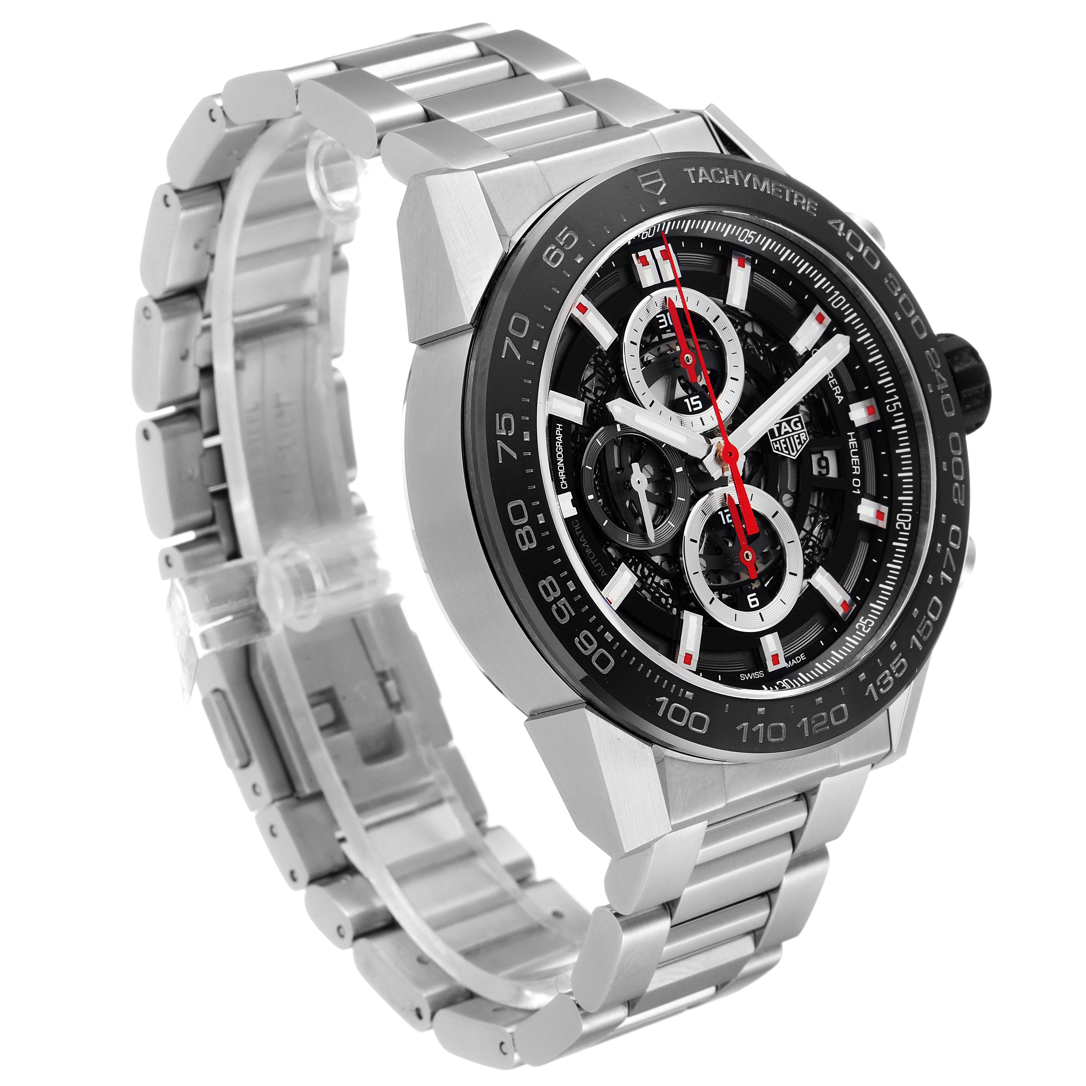 This image showcases a Tag Heuer Carrera CAR2A1W.BA0703 Men's Stainless Steel Transparent Dial CAR2A1W.BA0703 Men's Stainless Steel Transparent Dial watch from an angled side view, highlighting the watch face, bezel, and stainless steel bracelet.