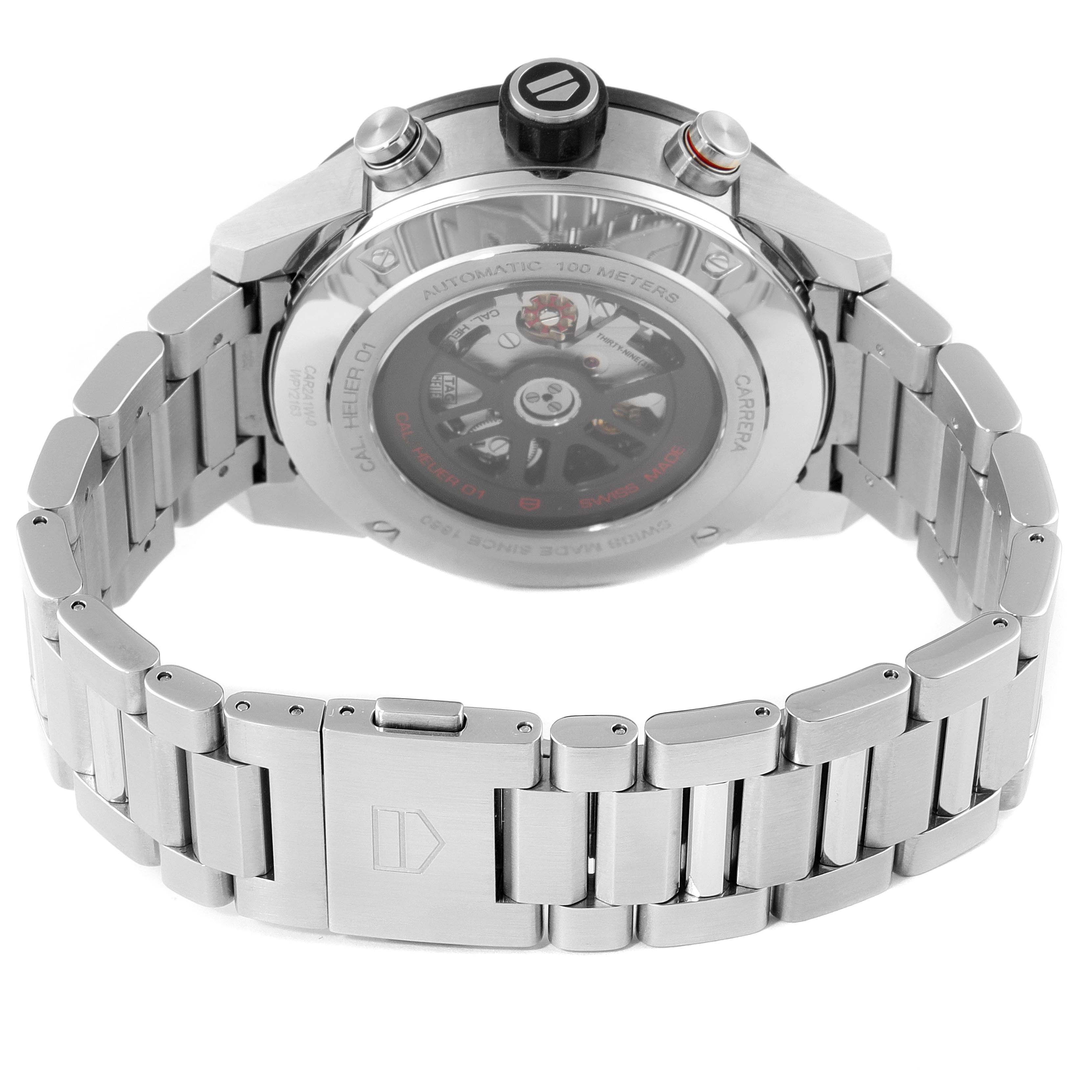 The image shows the back and bracelet of a Tag Heuer Carrera CAR2A1W.BA0703 Men's Stainless Steel Transparent Dial CAR2A1W.BA0703 Men's Stainless Steel Transparent Dial watch, highlighting its automatic movement and metal links.