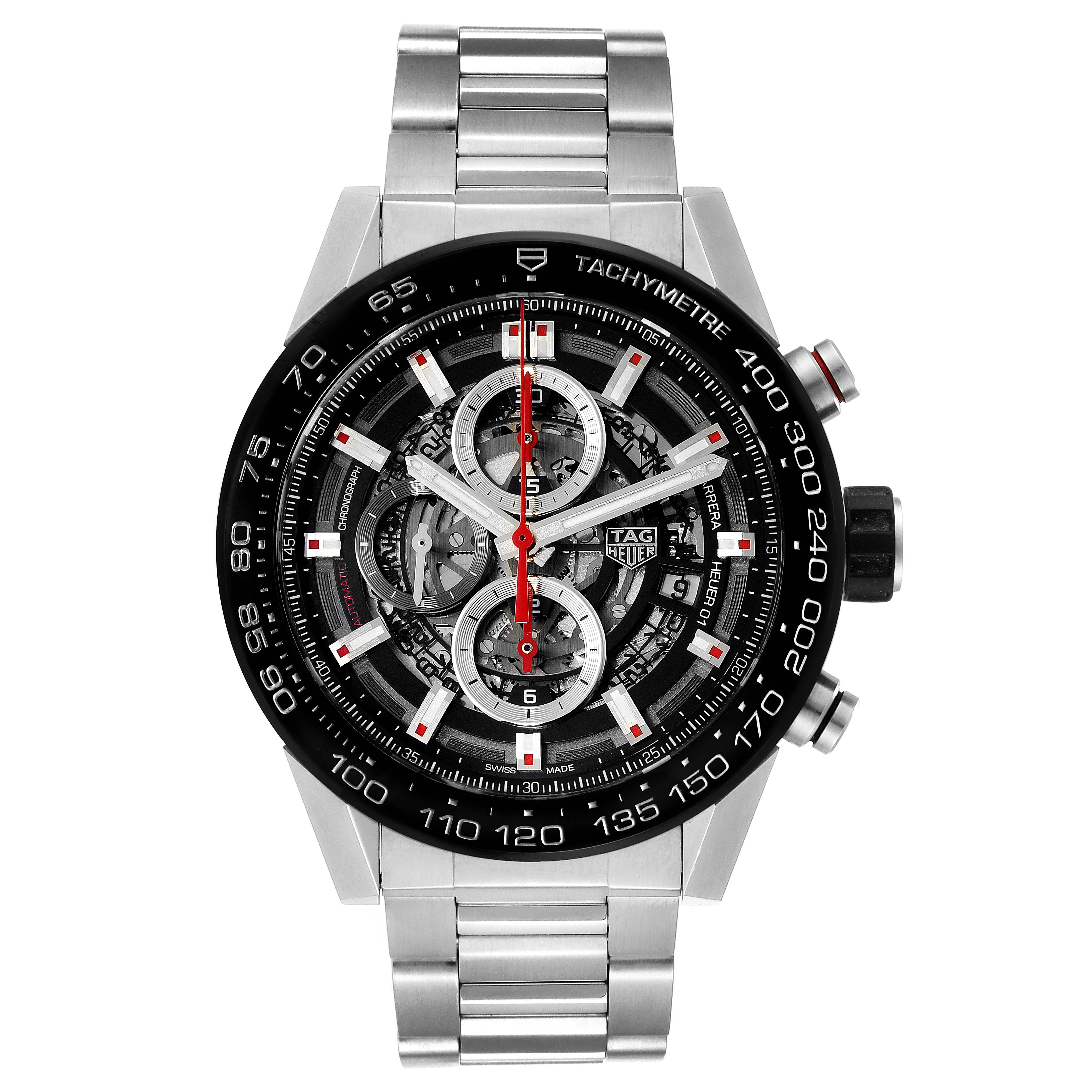 The image shows a frontal view of the Tag Heuer Carrera CAR2A1W.BA0703 Men's Stainless Steel Transparent Dial CAR2A1W.BA0703 Men's Stainless Steel Transparent Dial watch, highlighting its dial, bezel, and metal bracelet.