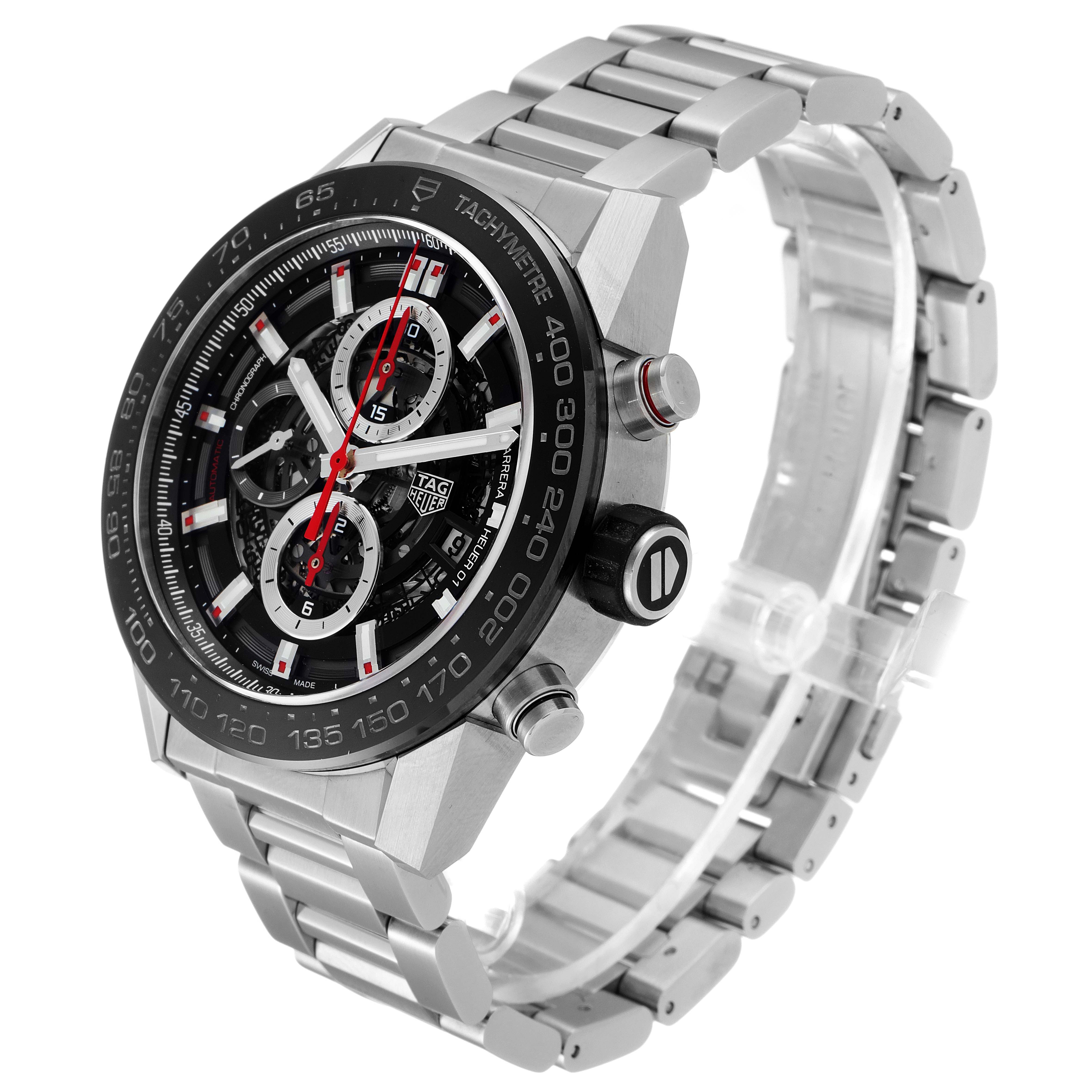 The image shows a side and front angle of the Tag Heuer Carrera CAR2A1W.BA0703 Men's Stainless Steel Transparent Dial CAR2A1W.BA0703 Men's Stainless Steel Transparent Dial watch, highlighting the dial, bezel, and stainless steel bracelet.