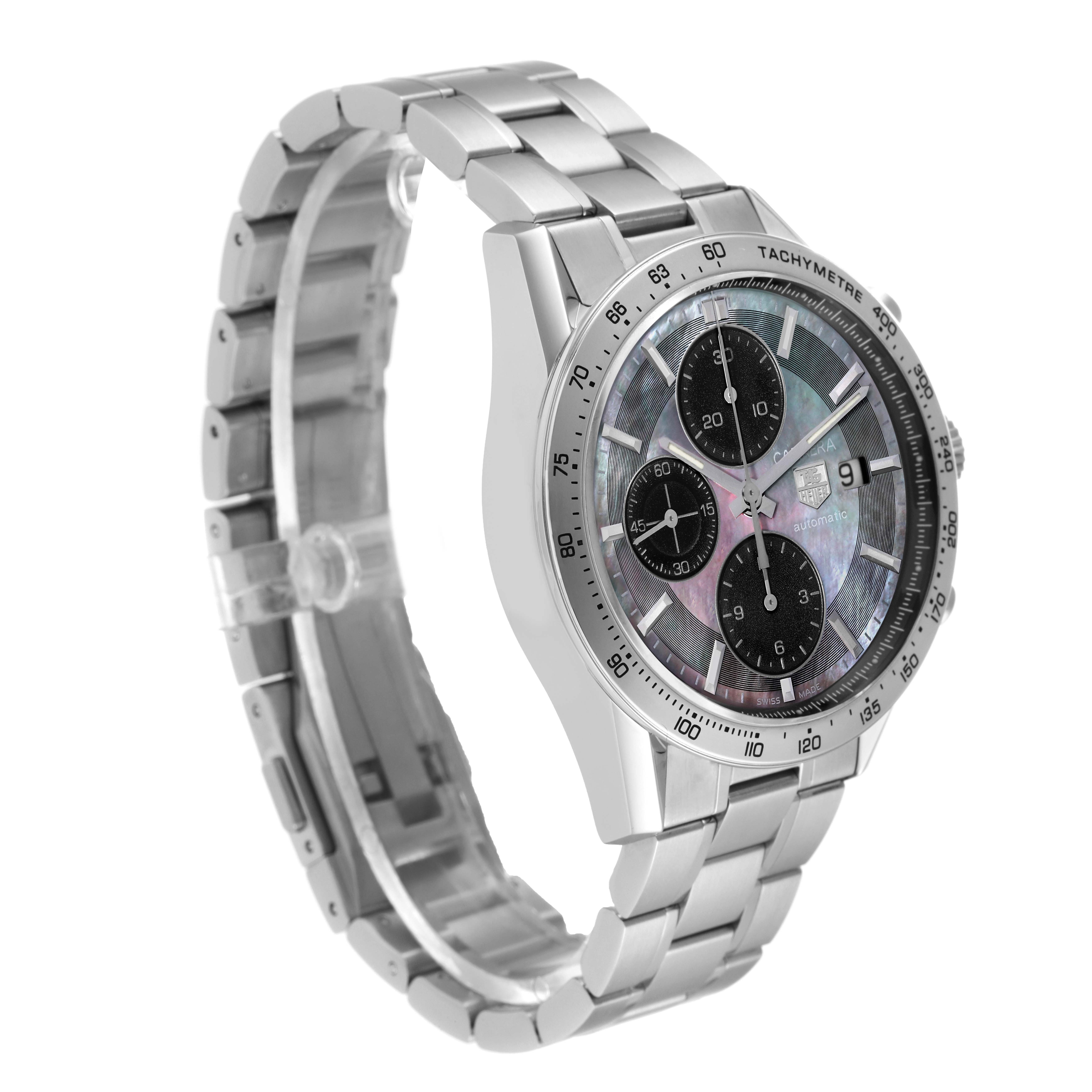 This image shows a Tag Heuer Carrera CV201P Men's Stainless Steel Mother of Pearl Dial CV201P Men's Stainless Steel Mother of Pearl Dial watch at a three-quarter angle, highlighting the bracelet, case, dial, and tachymeter bezel.