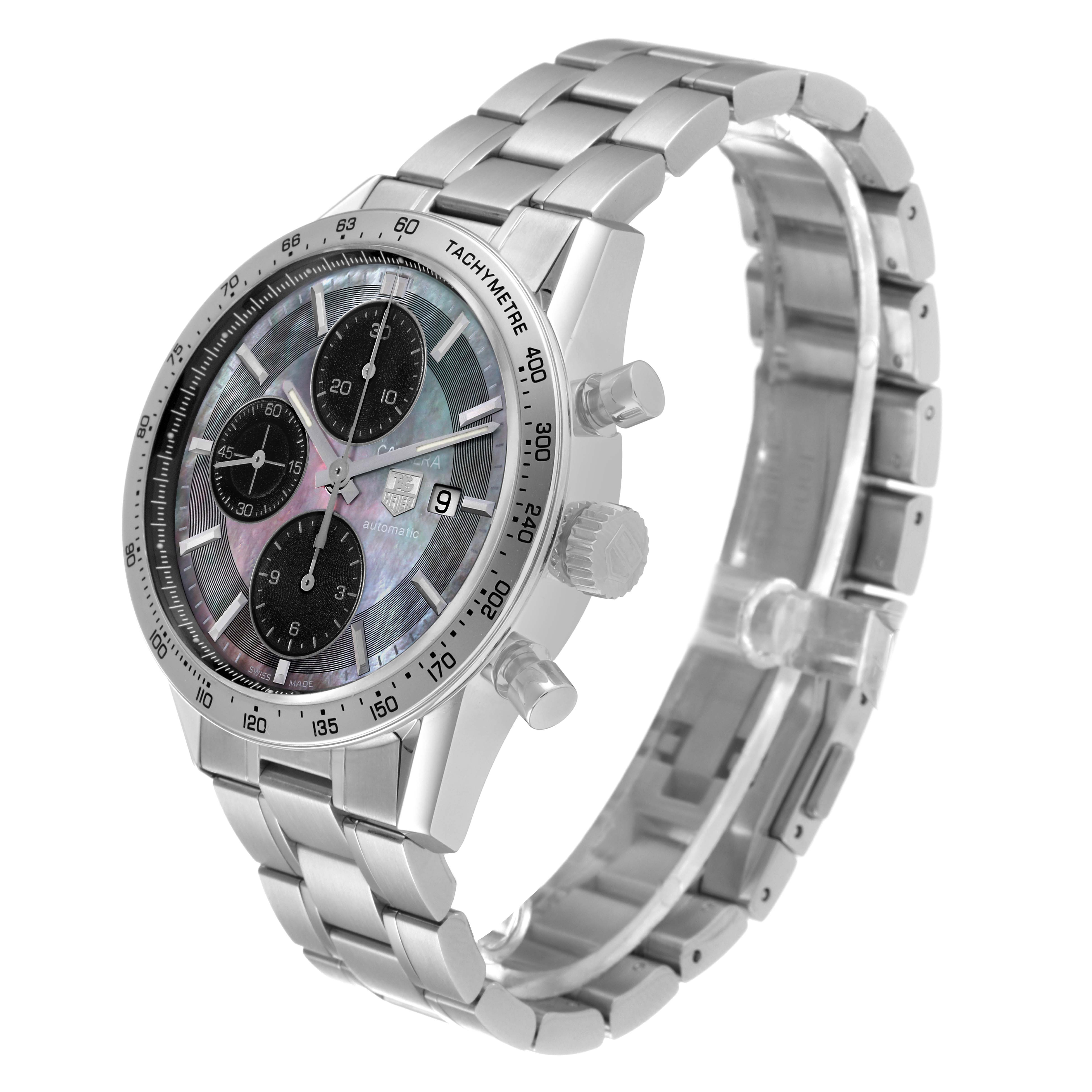 The Tag Heuer Carrera CV201P Men's Stainless Steel Mother of Pearl Dial CV201P Men's Stainless Steel Mother of Pearl Dial watch is shown at a three-quarter angle displaying its dial, bezel, pushers, and bracelet.