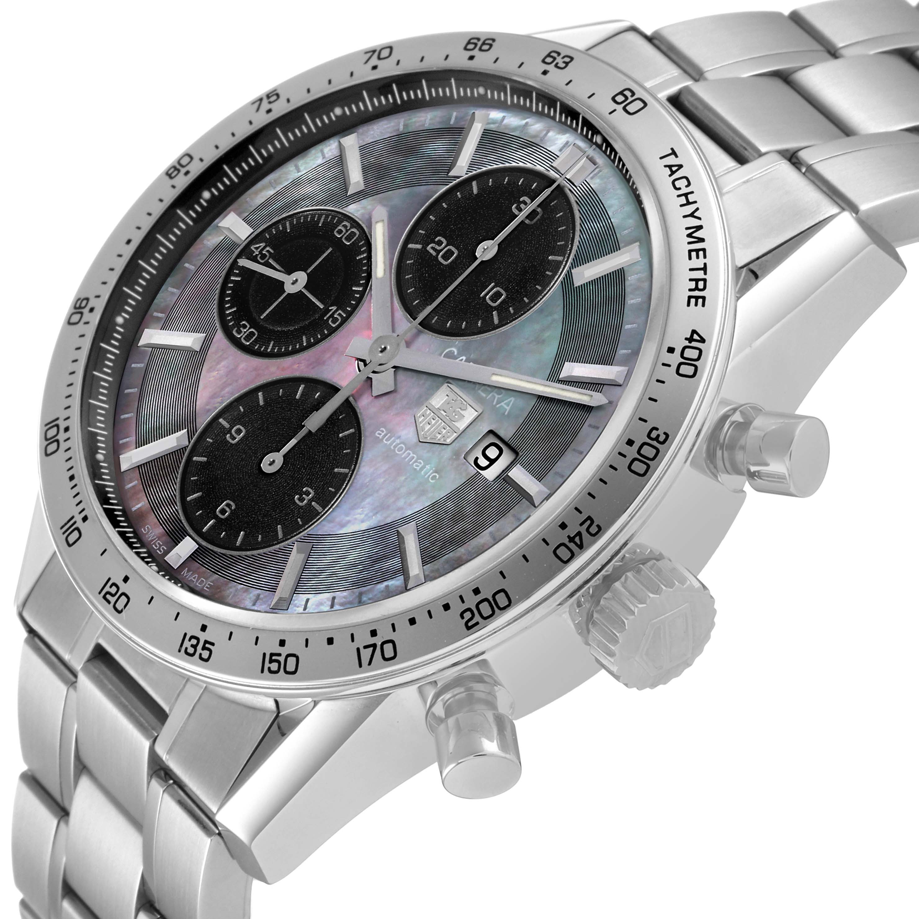 The image shows a close-up of a Tag Heuer Carrera CV201P Men's Stainless Steel Mother of Pearl Dial CV201P Men's Stainless Steel Mother of Pearl Dial watch, displaying its dial, subdials, bezel, crown, and part of its metal bracelet.