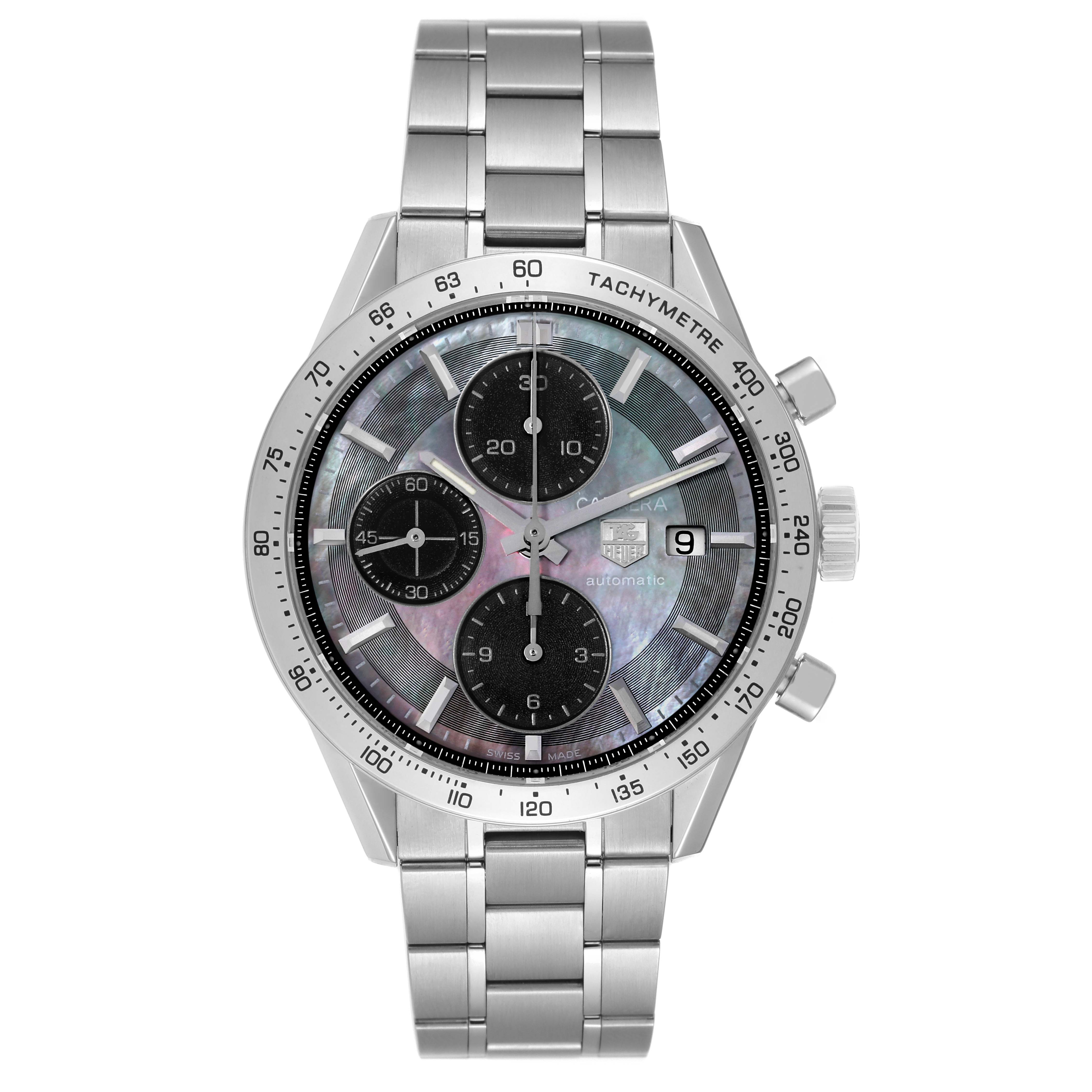 The image shows a front view of a Tag Heuer Carrera CV201P Men's Stainless Steel Mother of Pearl Dial CV201P Men's Stainless Steel Mother of Pearl Dial watch, focusing on its face, bezel, and stainless steel bracelet.