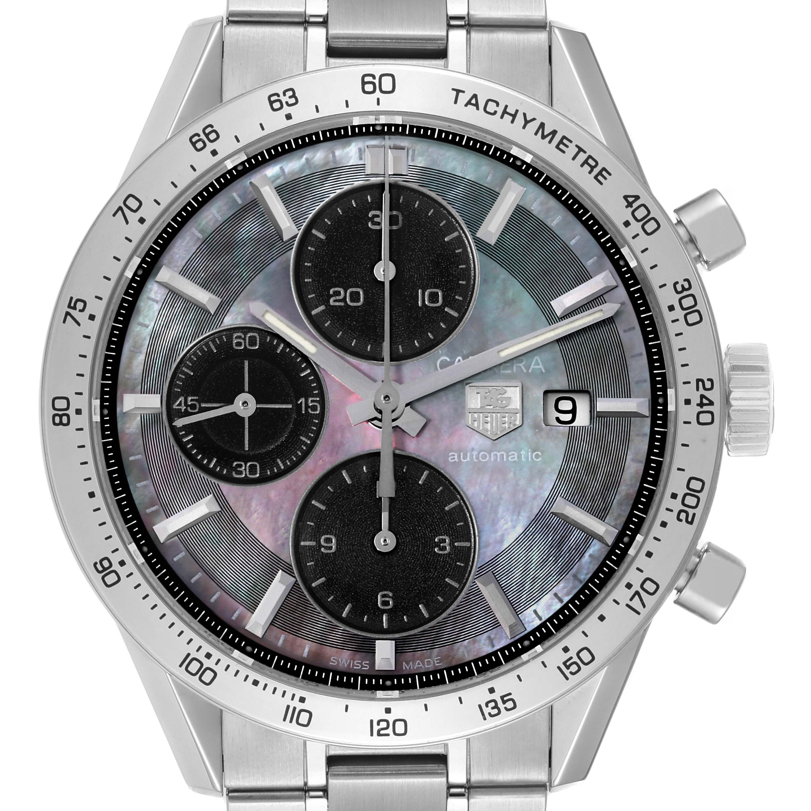 The image shows a frontal view of a Tag Heuer Carrera CV201P Men's Stainless Steel Mother of Pearl Dial CV201P Men's Stainless Steel Mother of Pearl Dial watch, highlighting the dial, chronograph subdials, and tachymeter bezel.