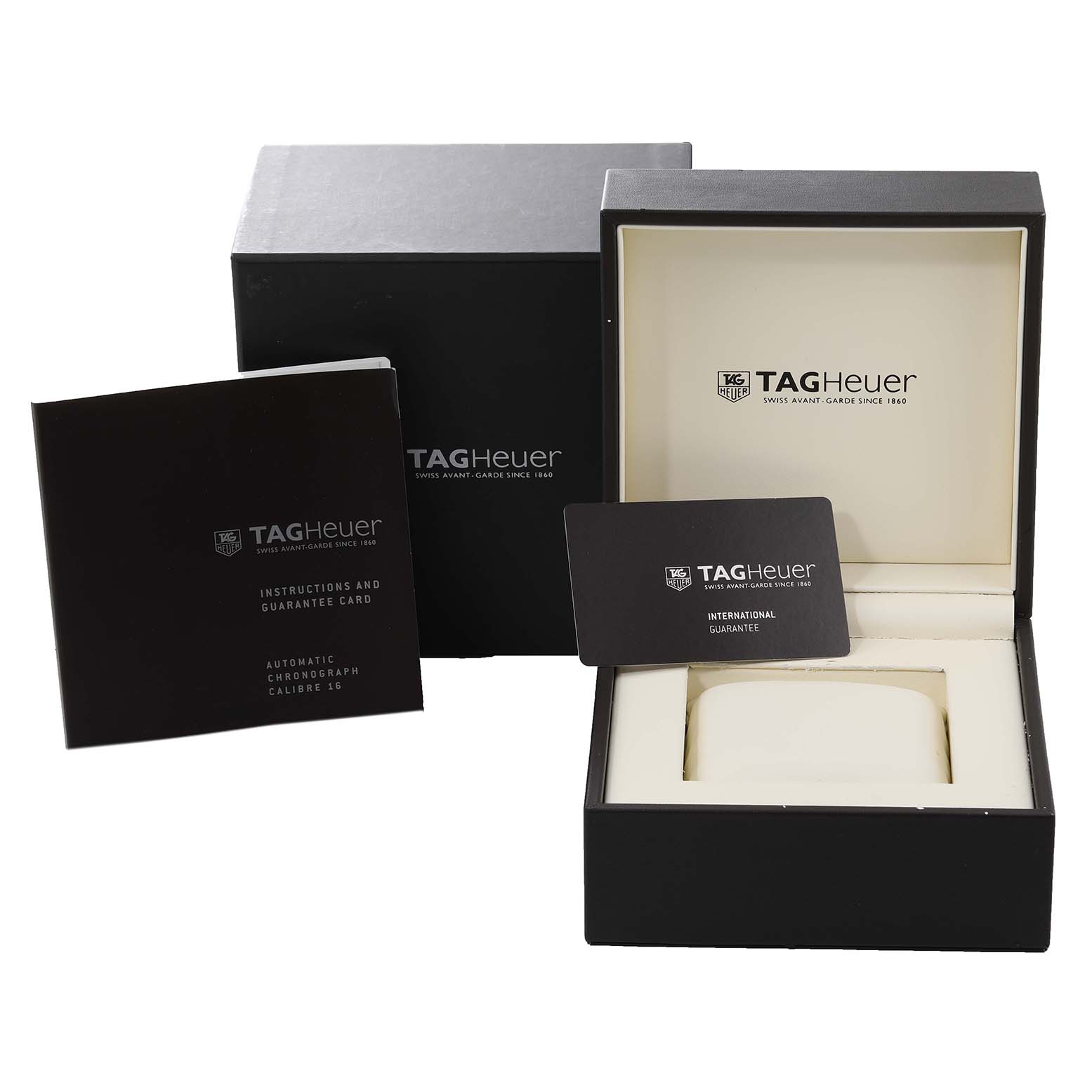 The image shows the packaging, instruction manual, and guarantee card for a Tag Heuer Carrera CV201P Men's Stainless Steel Mother of Pearl Dial CV201P Men's Stainless Steel Mother of Pearl Dial model watch.