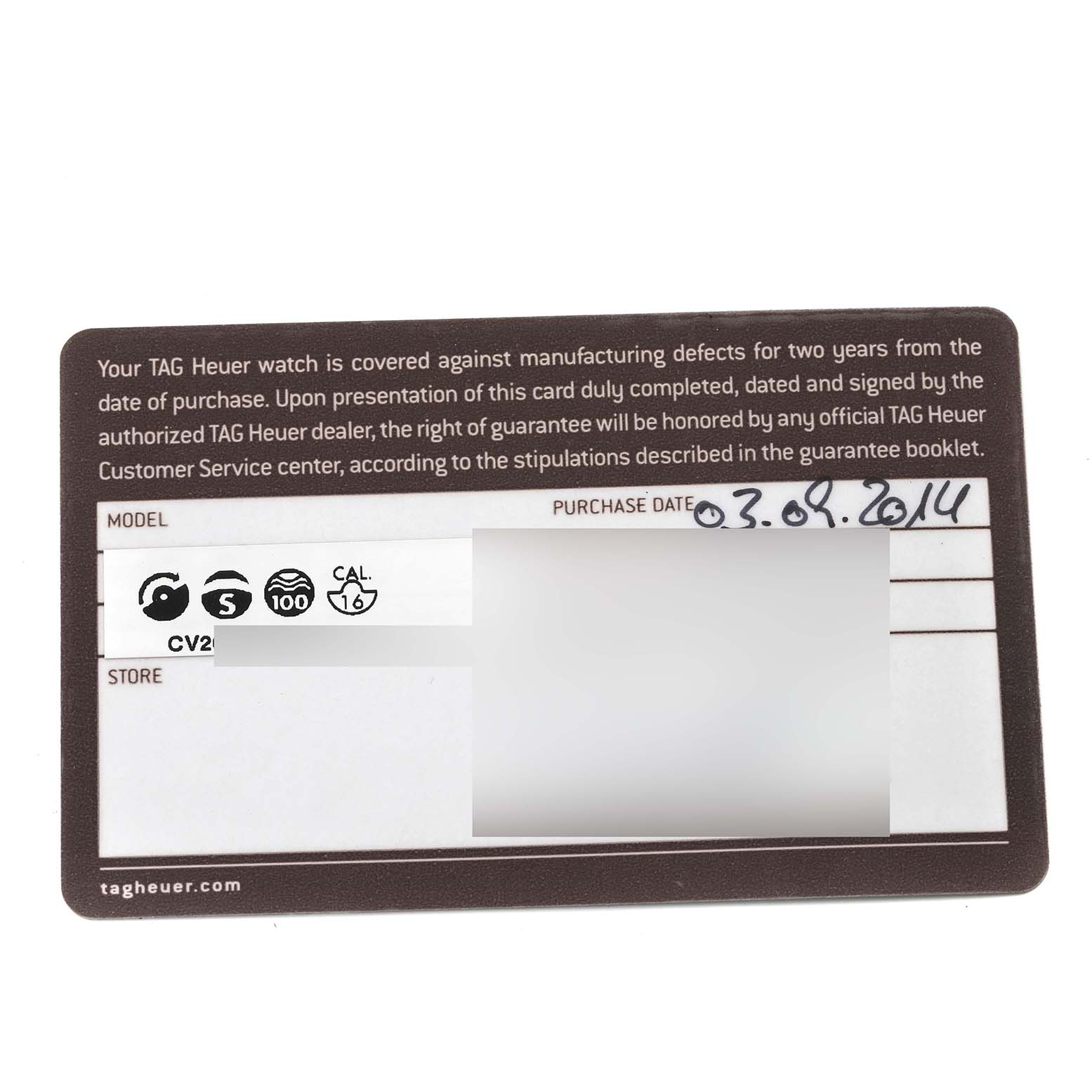 This is a Tag Heuer Carrera CV201P Men's Stainless Steel Mother of Pearl Dial CV201P Men's Stainless Steel Mother of Pearl Dial model guarantee card, showing the model number, purchase date, and store information.