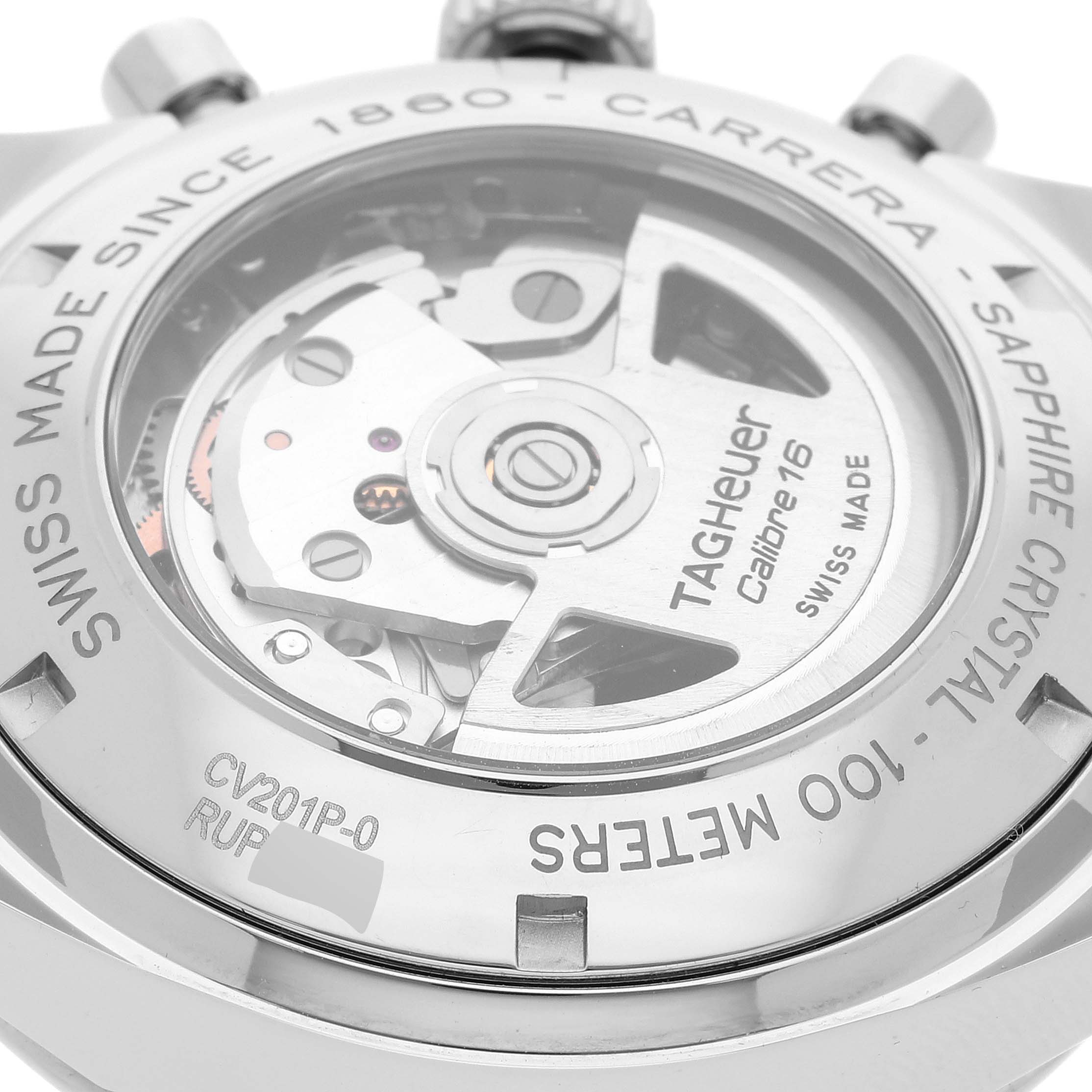 The image shows the back of a Tag Heuer Carrera CV201P Men's Stainless Steel Mother of Pearl Dial CV201P Men's Stainless Steel Mother of Pearl Dial watch, highlighting its mechanical movement and inscriptions.