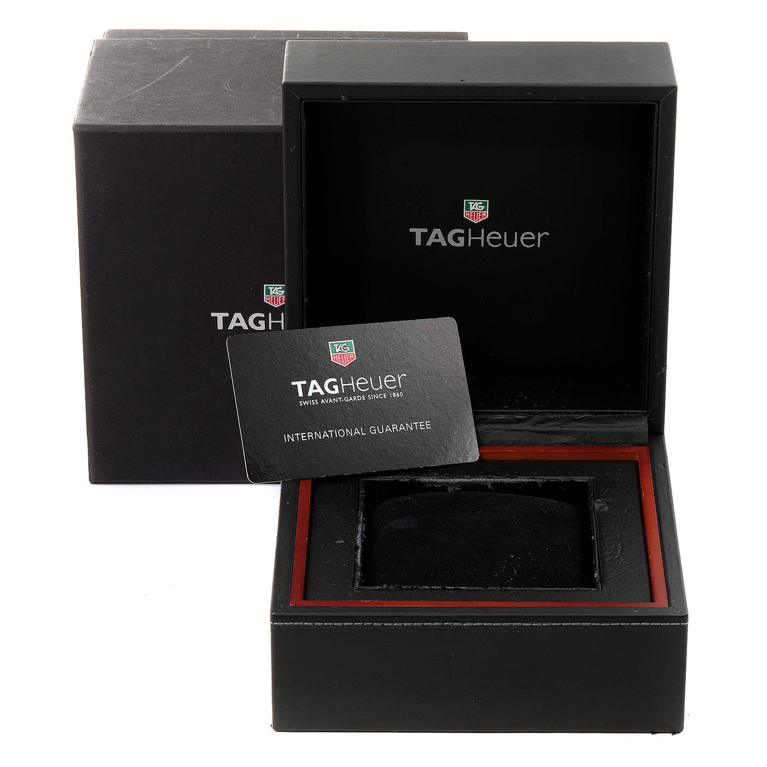 The image shows the packaging and international guarantee card for a Tag Heuer Monaco CW2113.BA0780 Men's Stainless Steel Blue Dial CW2113.BA0780 Men's Stainless Steel Blue Dial watch.