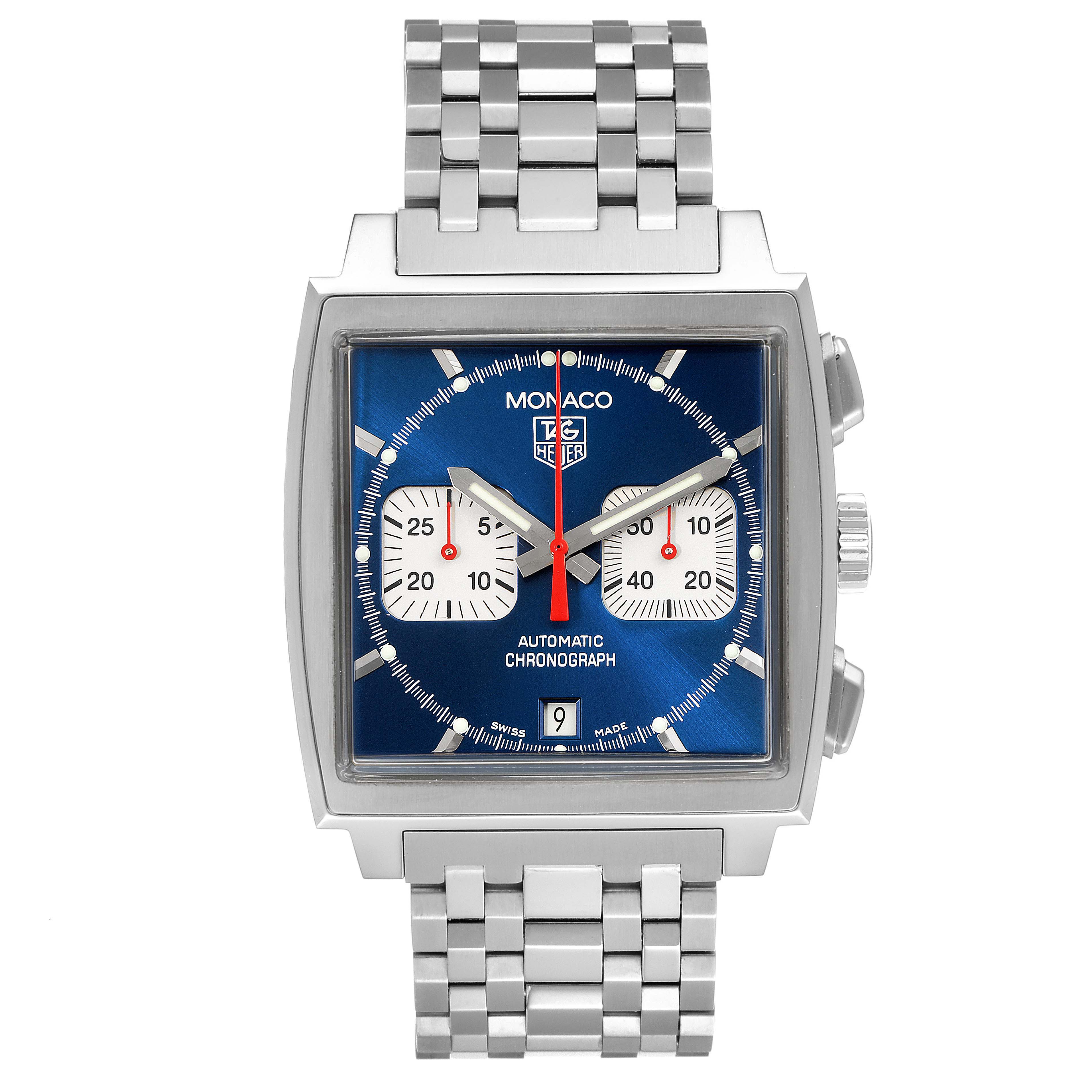 The image shows a front view of the Tag Heuer Monaco CW2113.BA0780 Men's Stainless Steel Blue Dial CW2113.BA0780 Men's Stainless Steel Blue Dial watch, displaying its blue dial, chronograph subdials, and metal bracelet.