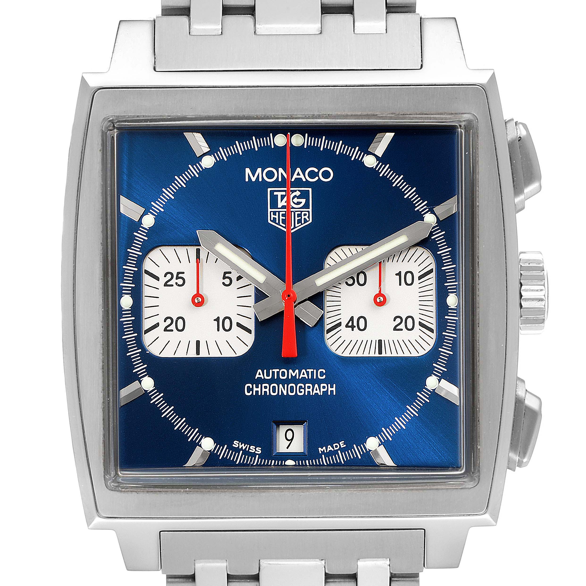 The image shows the front view of the Tag Heuer Monaco CW2113.BA0780 Men's Stainless Steel Blue Dial CW2113.BA0780 Men's Stainless Steel Blue Dial watch with its blue dial and silver bracelet.