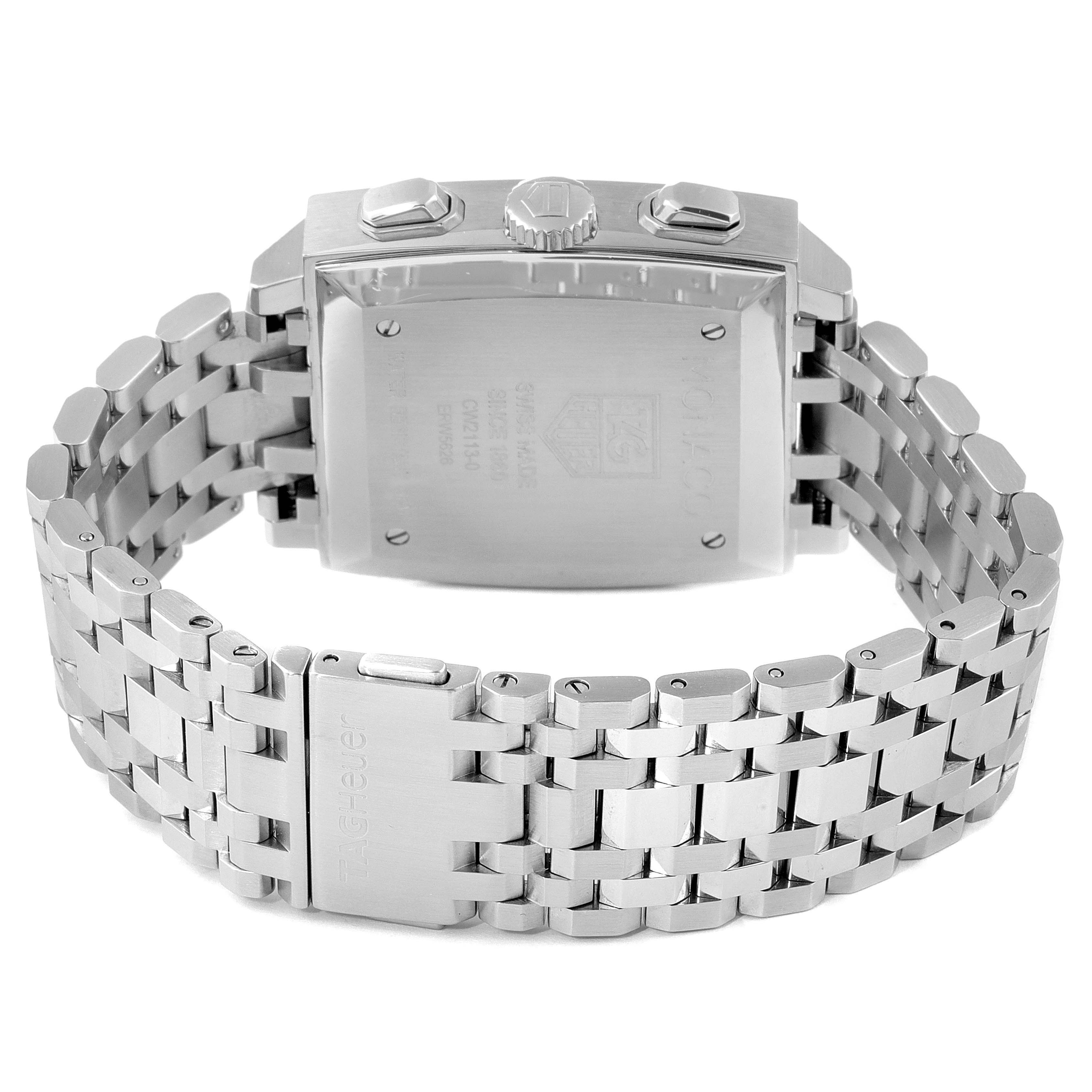 This image shows the back view of the Tag Heuer Monaco CW2113.BA0780 Men's Stainless Steel Blue Dial CW2113.BA0780 Men's Stainless Steel Blue Dial watch, highlighting its clasp and stainless steel bracelet.