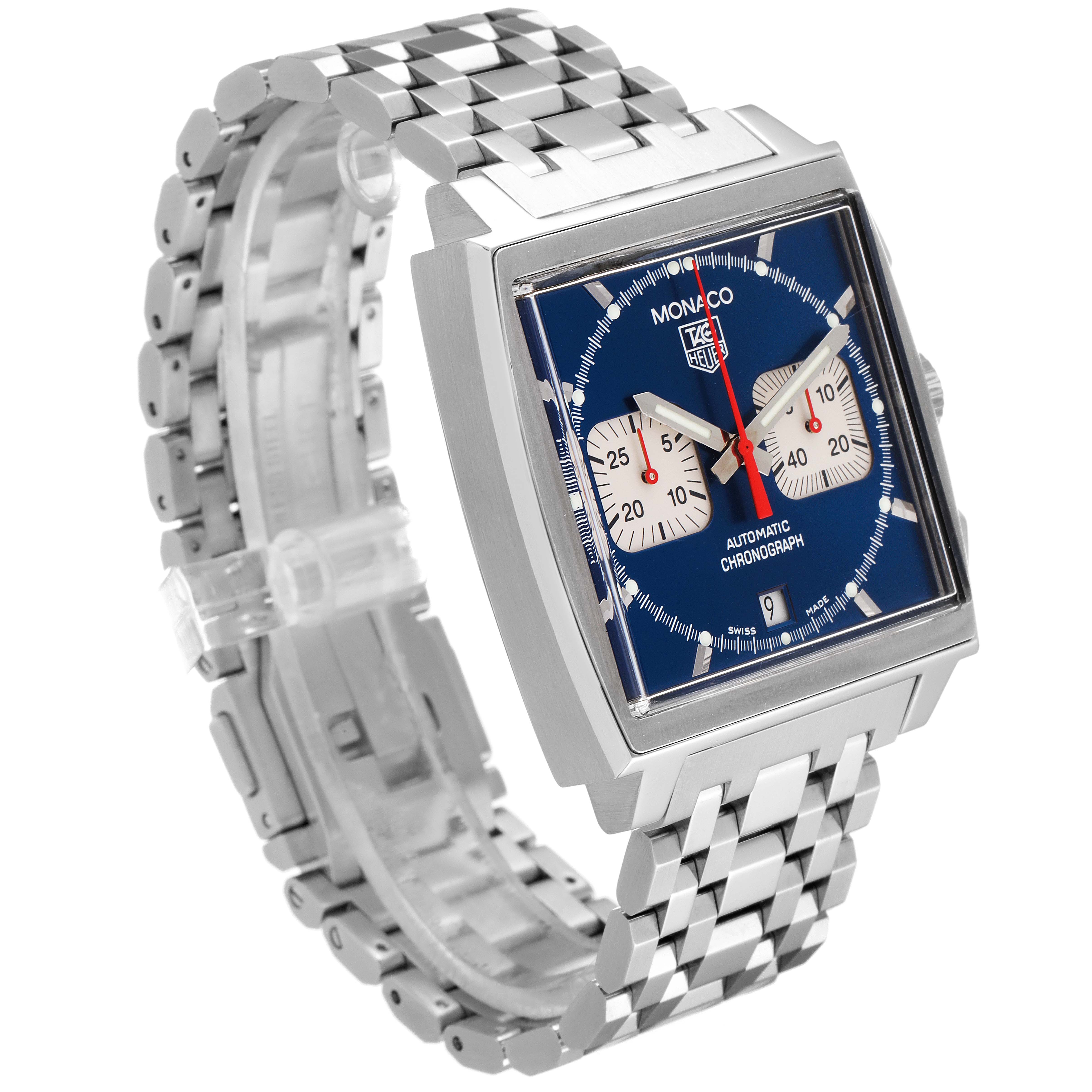 The image shows a Tag Heuer Monaco CW2113.BA0780 Men's Stainless Steel Blue Dial CW2113.BA0780 Men's Stainless Steel Blue Dial watch at a three-quarter angle, highlighting its square face, blue dial, and metal bracelet.