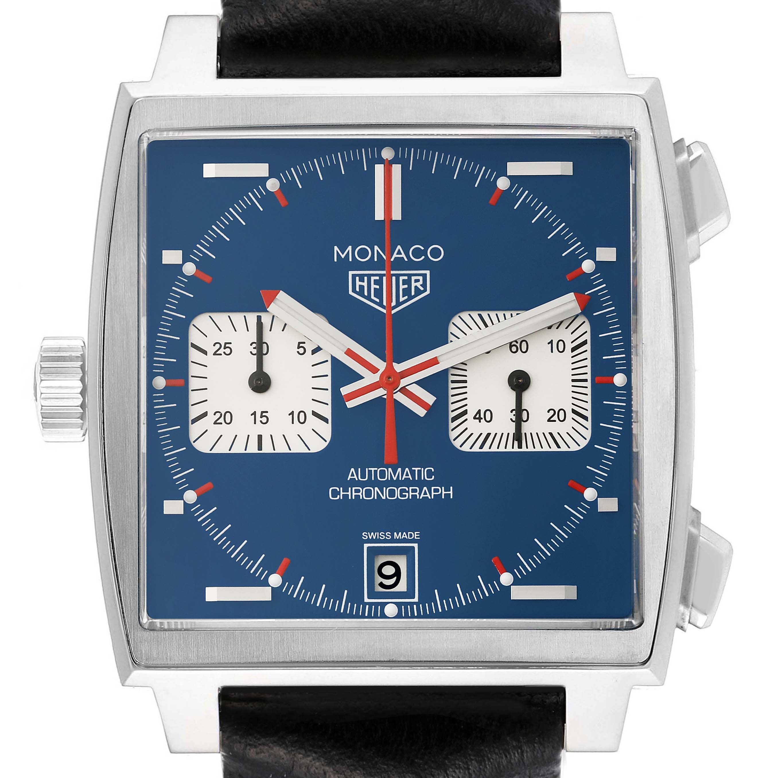 The image shows a frontal view of the Tag Heuer Monaco CAW211P Men's Stainless Steel Blue Dial CAW211P Men's Stainless Steel Blue Dial watch, highlighting the face, subdials, and date display.