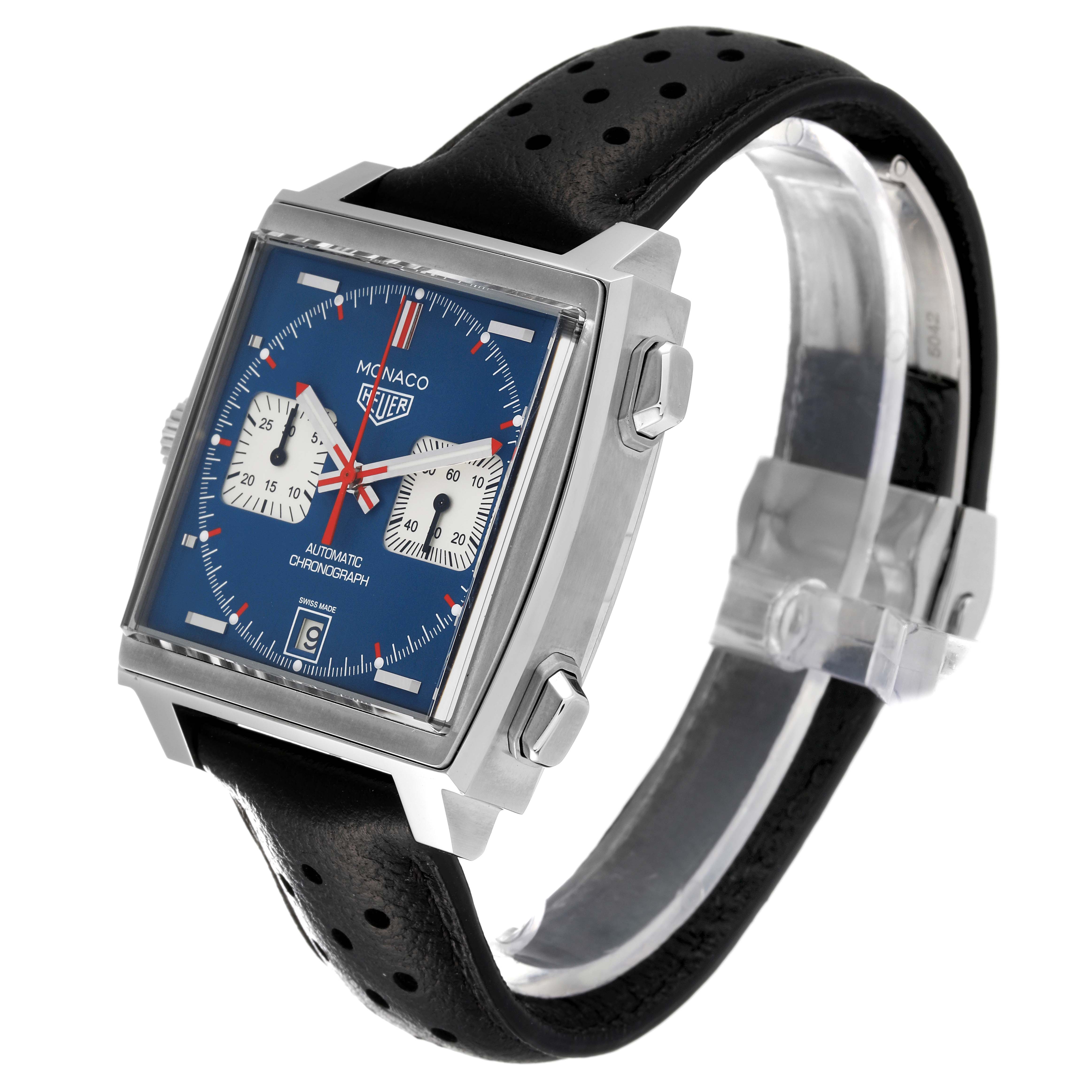 The image shows a Tag Heuer Monaco CAW211P Men's Stainless Steel Blue Dial CAW211P Men's Stainless Steel Blue Dial watch at a slight angle, featuring its square case, blue dial, and black perforated leather strap.